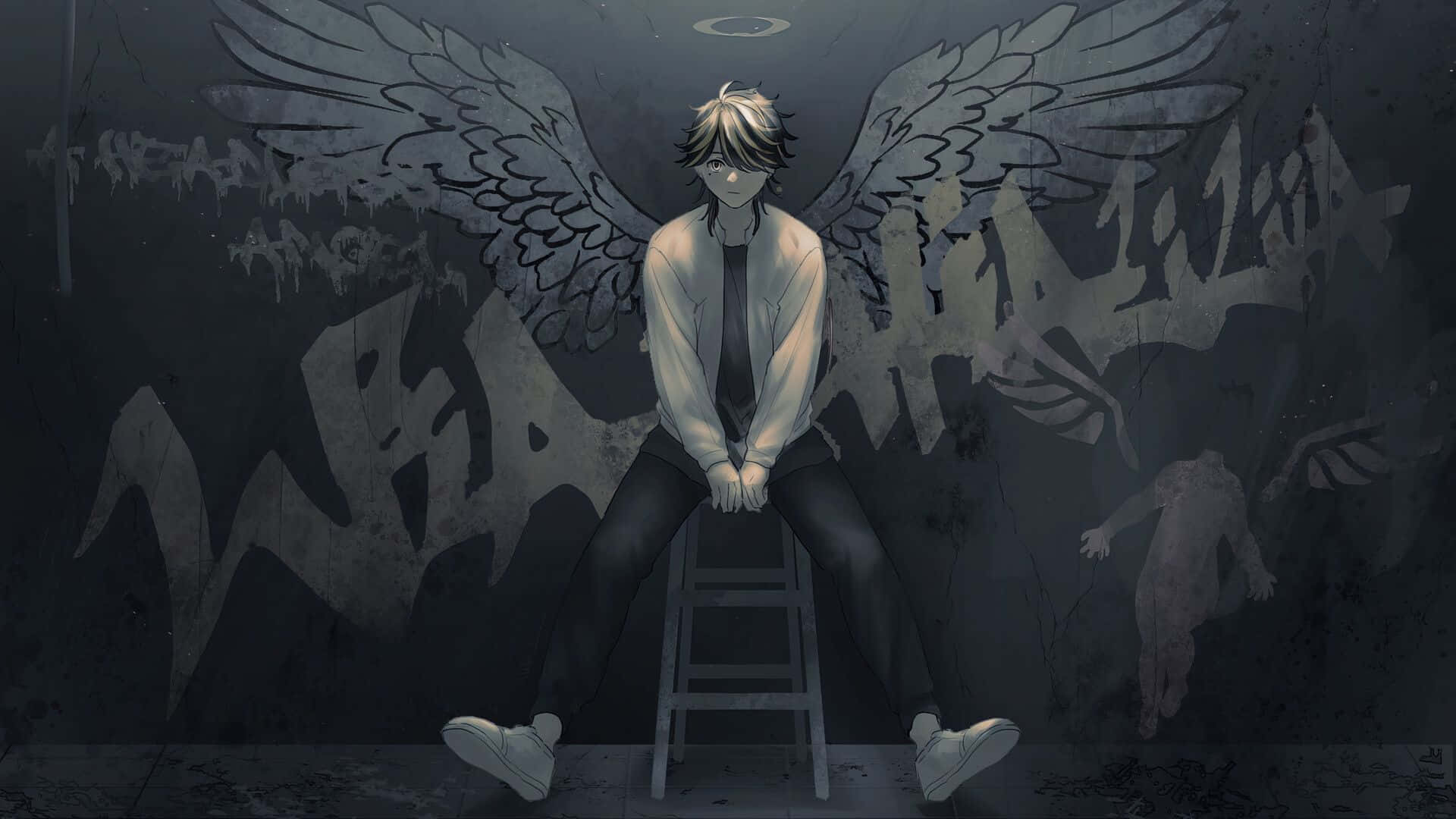 一個悲傷的動漫男孩，帶著破碎的天使翅膀，坐在塗鴉後巷的凳子上。