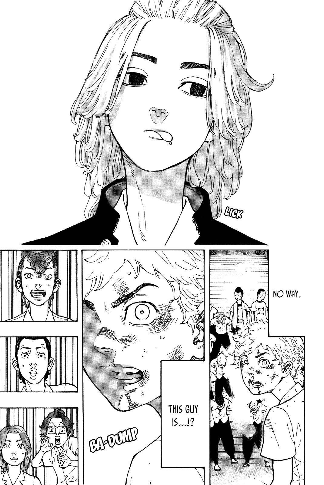 《東京卍復仇者》中的 Manjiro「Mikey」Sano 壁紙 — 黑白漫畫面板，顯示一個驚訝的角色，帶有對話氣泡和旁觀者對事件的反應。