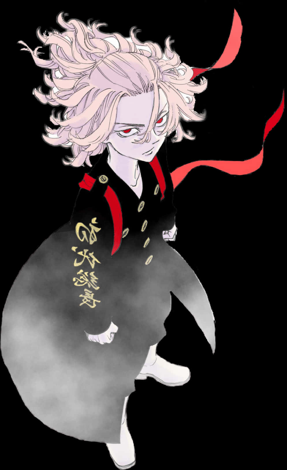 《東京卍復仇者》中的Mikey，專注而自信 壁紙 — 一個風格化的動漫角色，擁有狂野的粉紅色頭髮和紅色眼睛，穿著帶有金色文字和飄逸紅色絲帶的黑色長袍，背景為黑色。