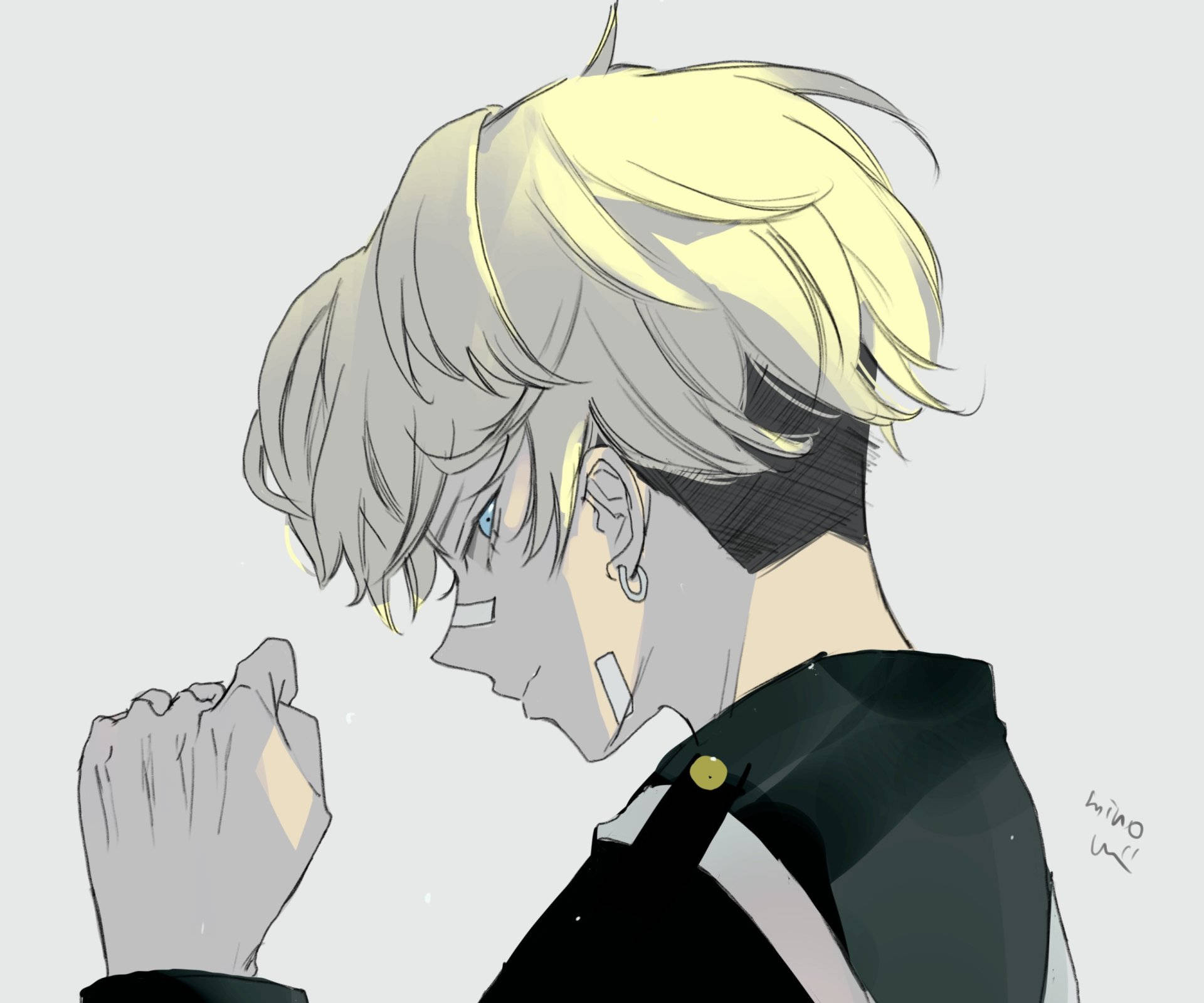 《東京卍復仇者》副隊長松野千冬漫畫肖像 壁紙 — 一個憂鬱的動畫男孩，銀髮藍眼，在純色背景前緊握拳頭。