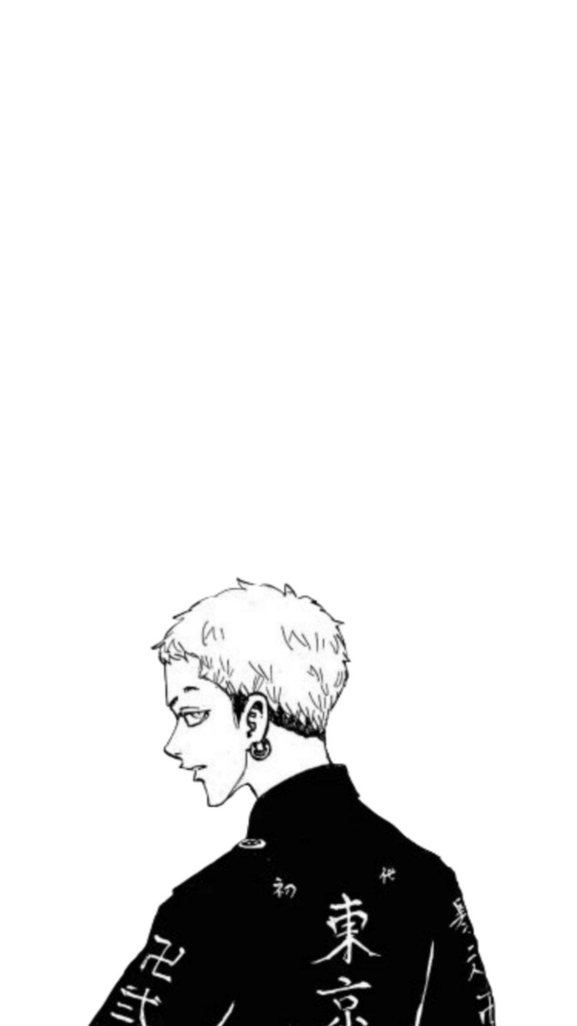 《東京卍復仇者》溝口健太郎極簡黑白風 壁紙 — 一個年輕男子側面輪廓的極簡黑白線條插圖，穿著帶有日文字的外套。