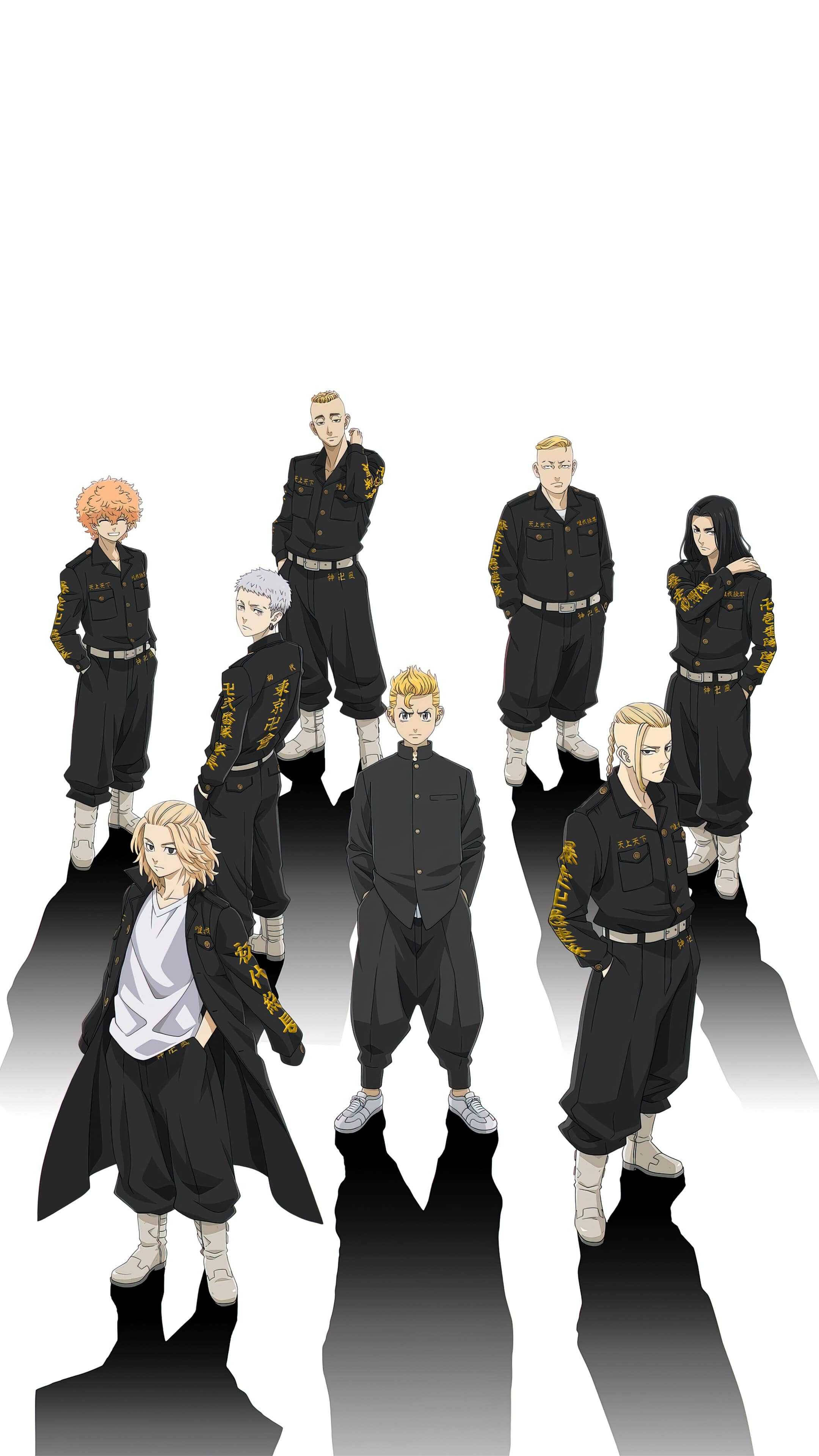 《東京卍復仇者》溝口健太郎與眾人合影 壁紙 — 七個身穿黑色制服、帶有金色字樣的動漫角色，在純白背景上以戲劇性的陰影成群站立。