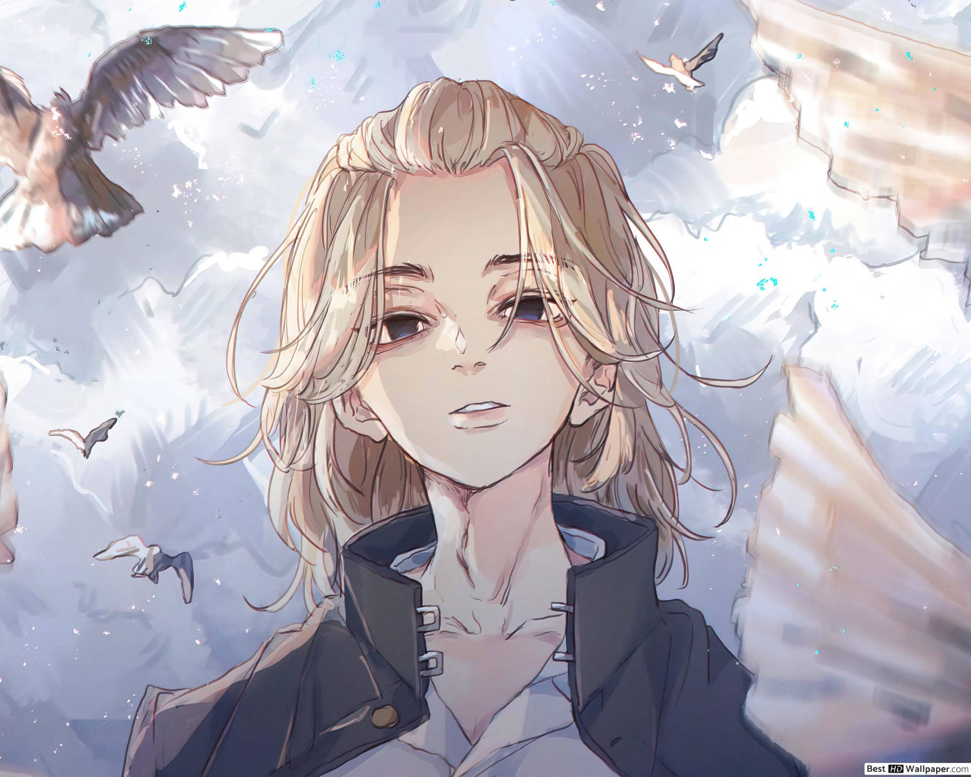金髮動漫女孩和鳥兒在陰雲密佈的天空中飛翔。