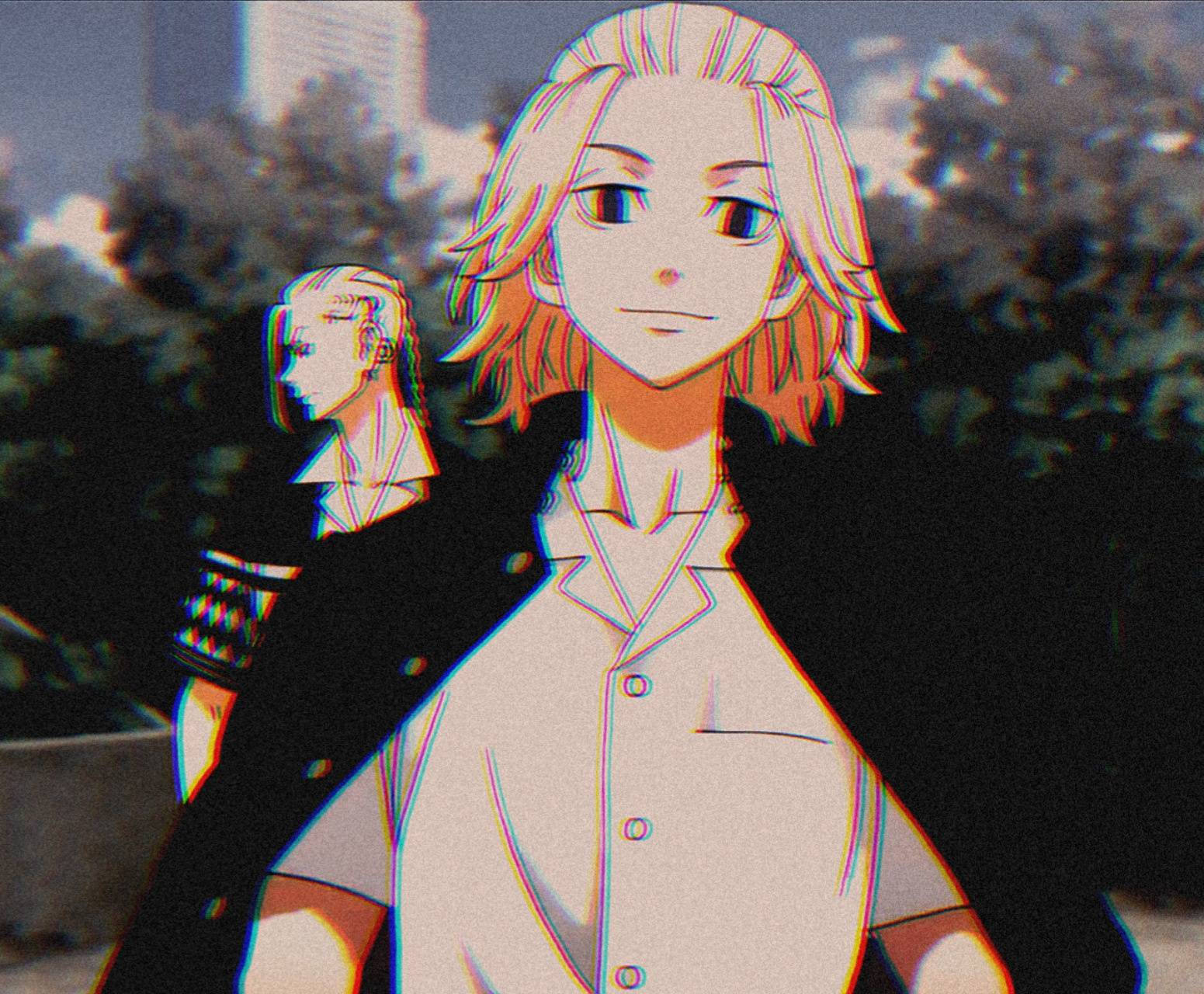 《東京卍復仇者》角色：Draken 與 Mikey 壁紙 — 金髮的動漫角色帶有故障效果，站在城市背景中，身後有另一個人影。