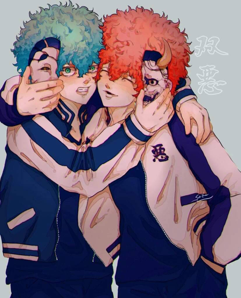 兩個動漫男孩，捲髮和角，穿著相配的夾克擁抱。