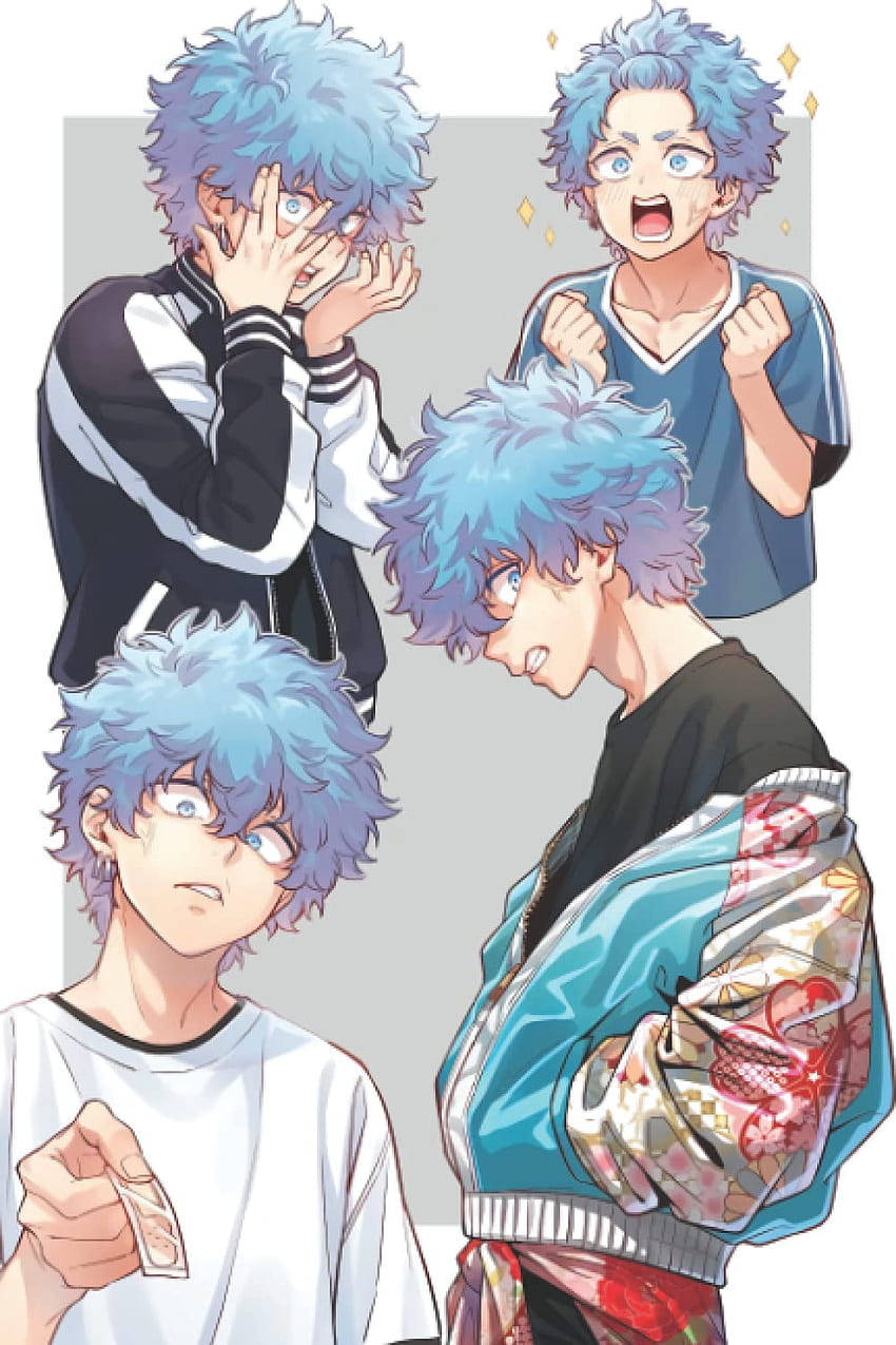 藍髮動漫男孩，四種不同姿勢和服裝。