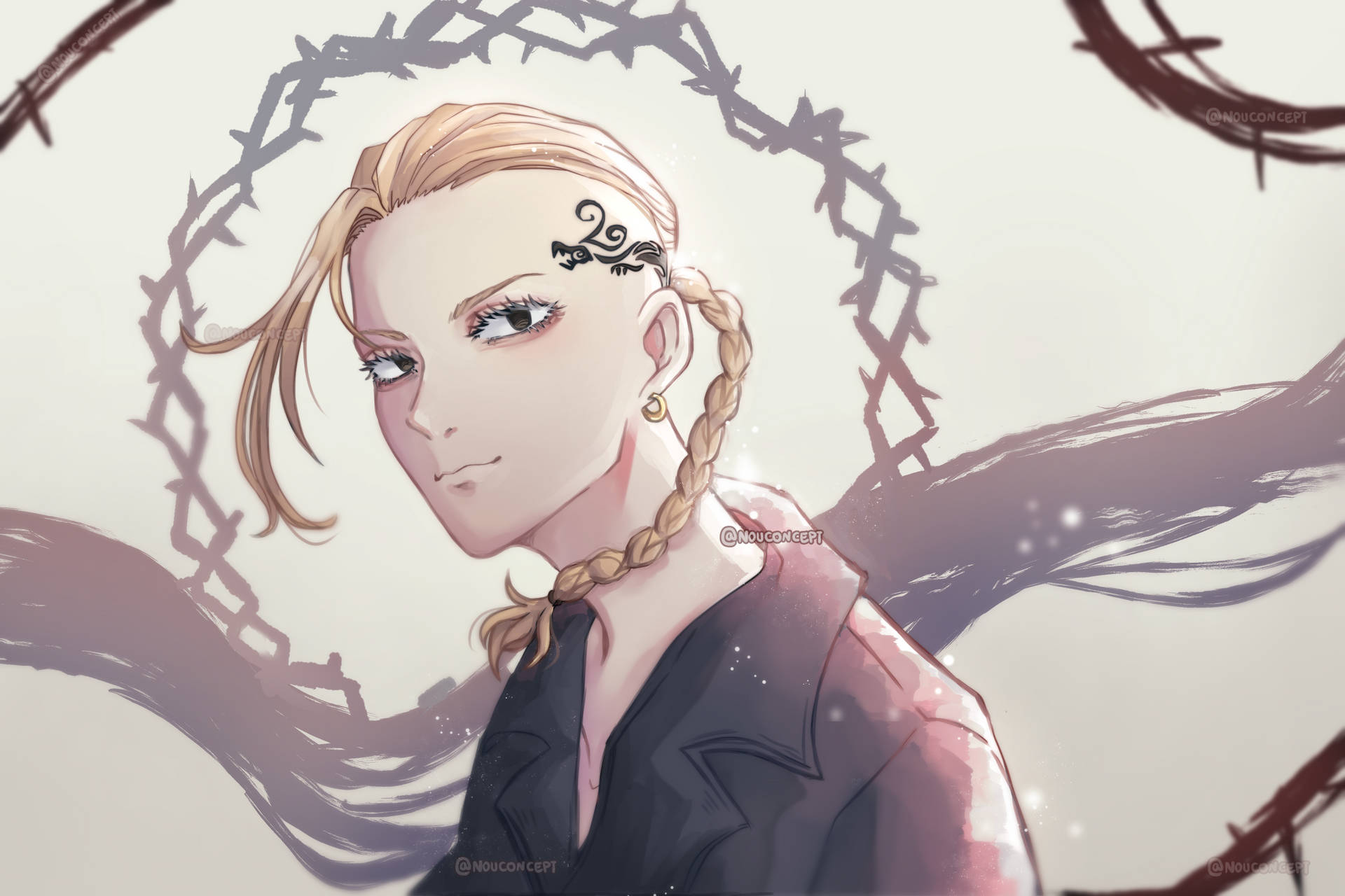 動漫女孩，辮子頭髮和荊棘王冠，表情平靜。