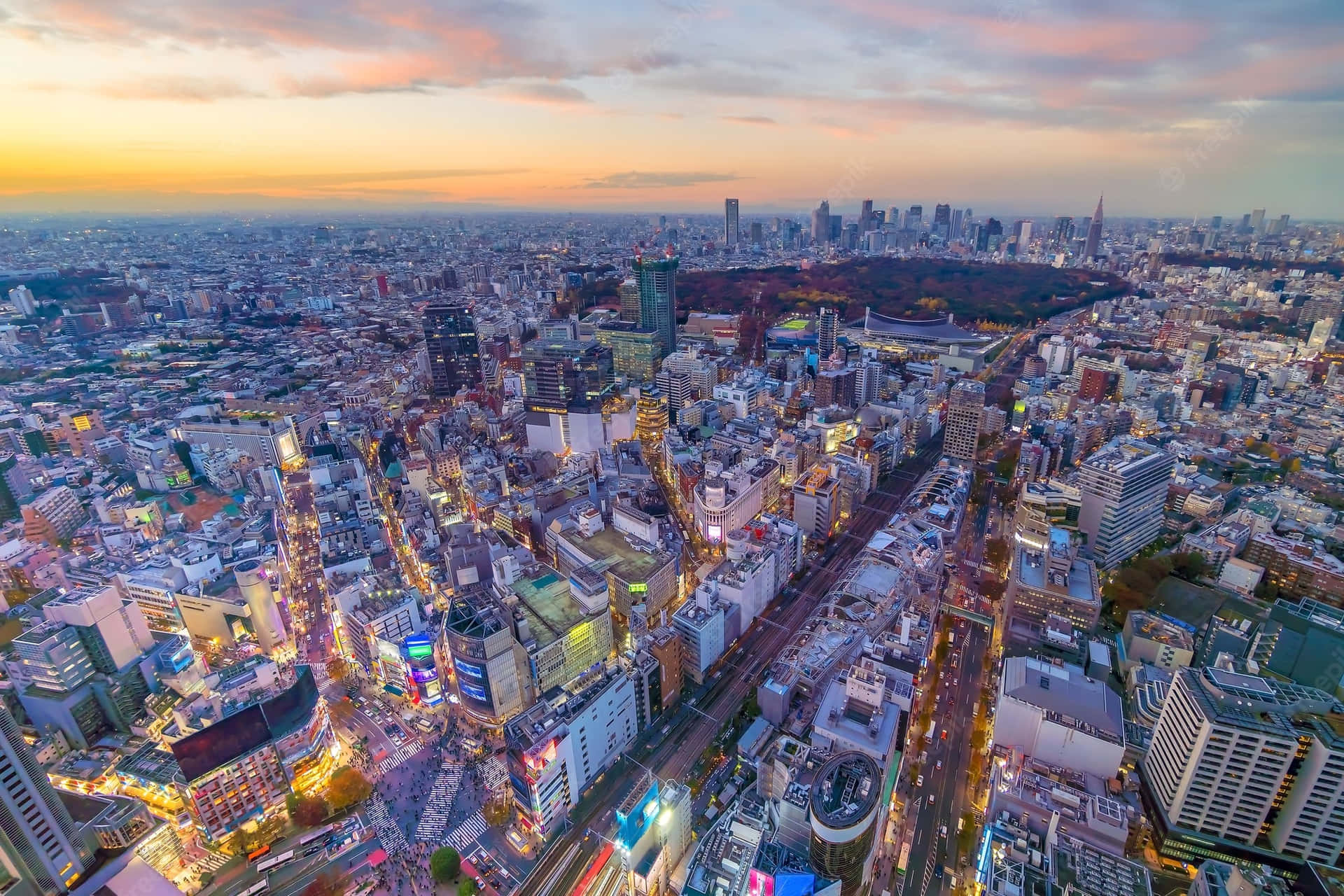 日落時分的東京城市景觀，閃爍的霓虹燈和密集的建築物。