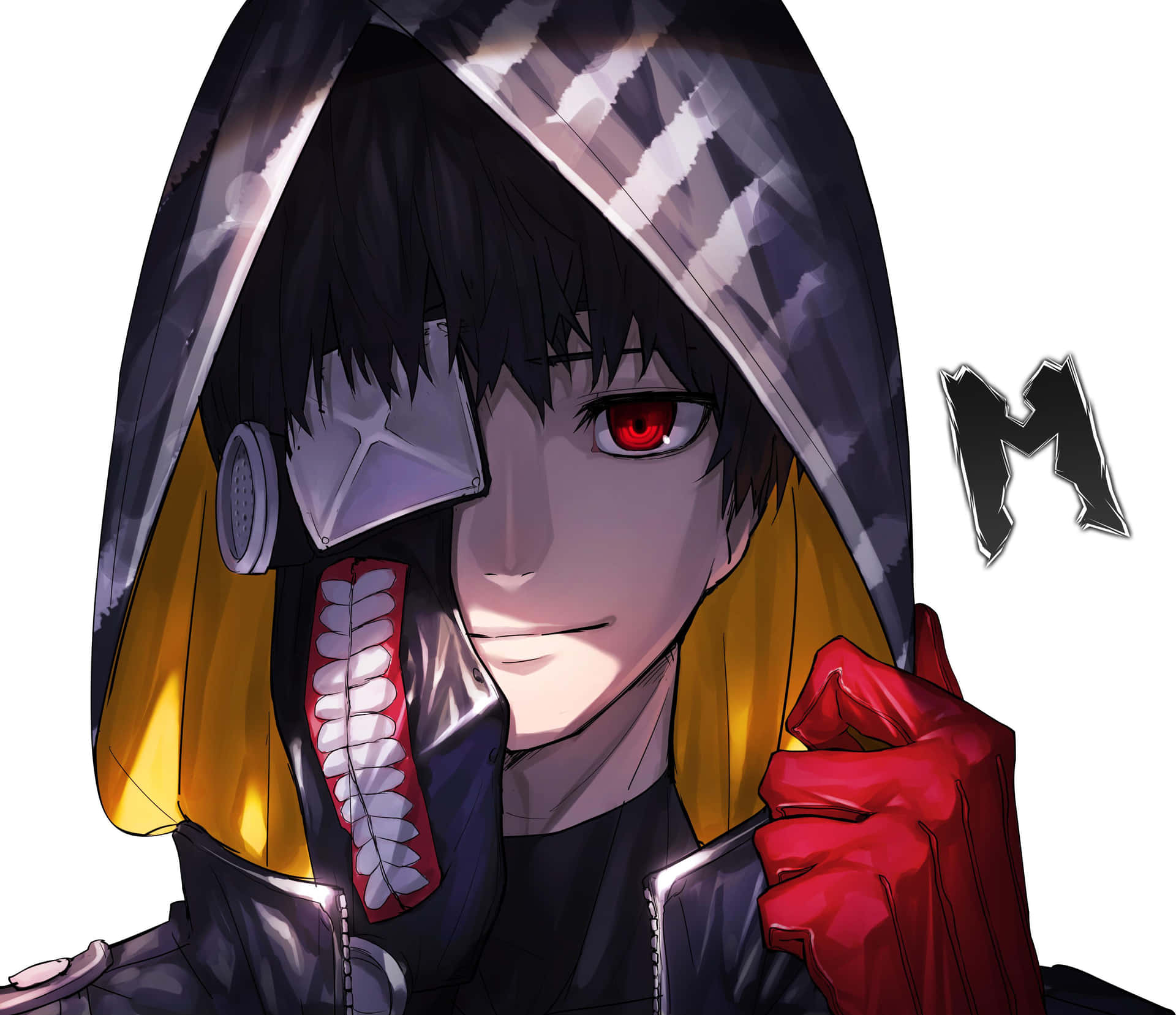 東京喰種 Kaneki Ken 非喰種頭像 壁紙 — 一個風格化的動漫角色，戴著黑色連帽、紅色眼睛和金屬面具，微笑著戴著紅色手套。