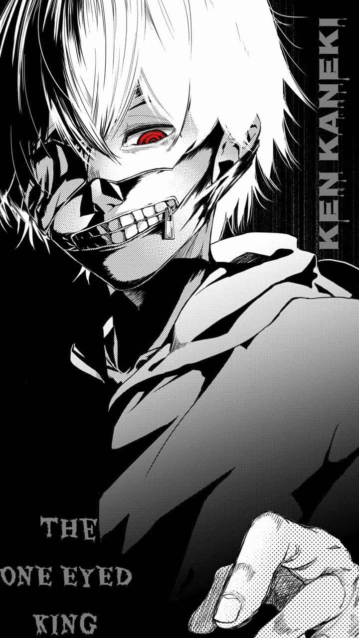 動漫角色金木研（Ken Kaneki）擁有白髮、紅眼和縫合嘴巴，標記為「The One Eyed King」。