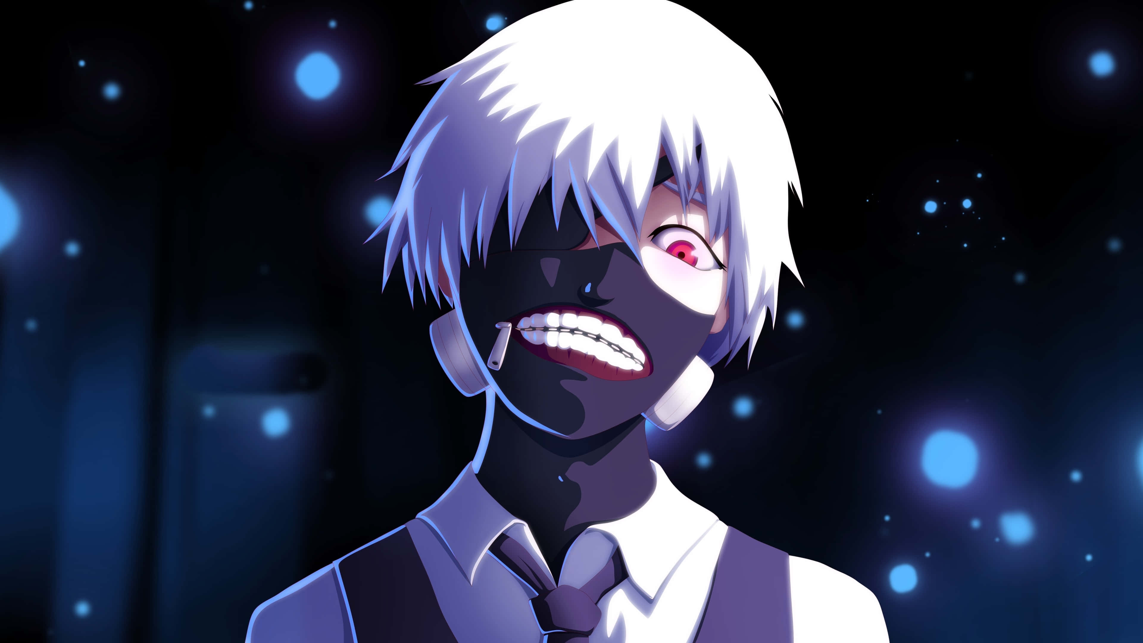 《東京喰種》中的生存掙扎 壁紙 — 一個風格化的動漫角色，白髮和黑色面具，在深藍色背景上咧嘴大笑，背景有發光球體。
