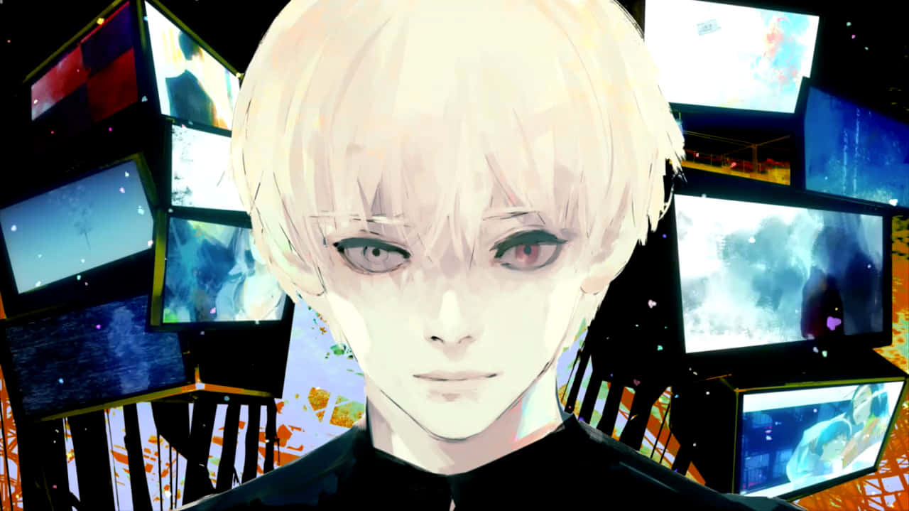 《東京喰種》作者石田翠 壁紙 — 一個淺色頭髮的動漫角色，紅色眼睛直視前方，被顯示抽象視覺的發光屏幕包圍。