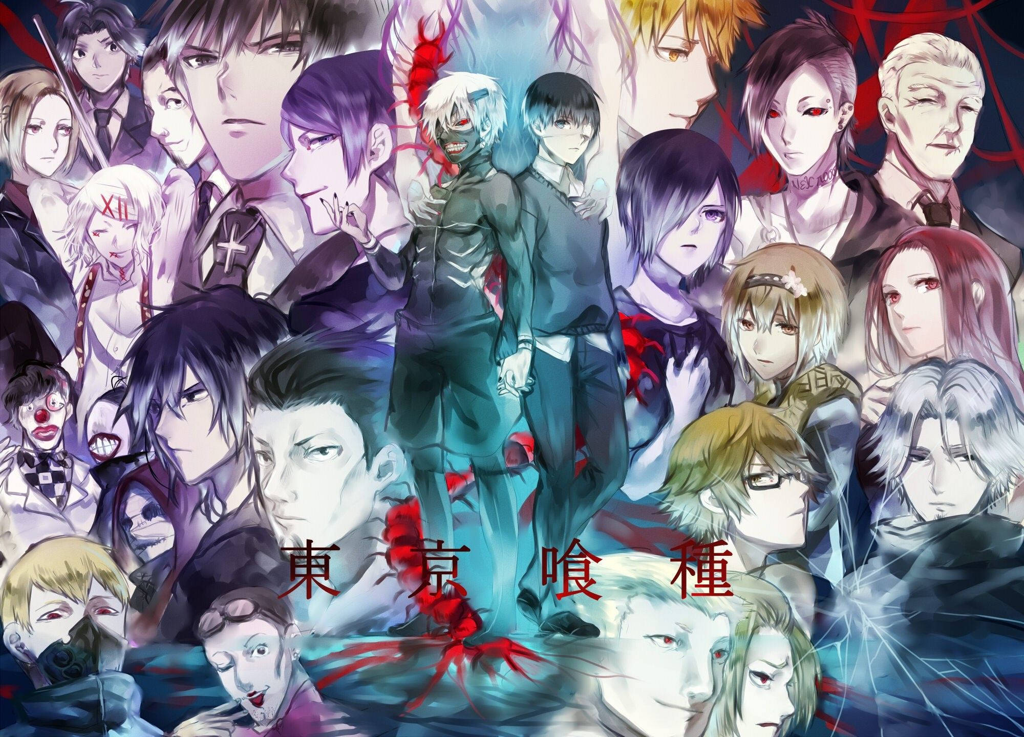 東京喰種 全角色集合 壁紙 — 一幅充滿活力的動畫拼貼畫，描繪了《東京喰種》中多樣的角色，具有戲劇性的燈光和強烈的表情。