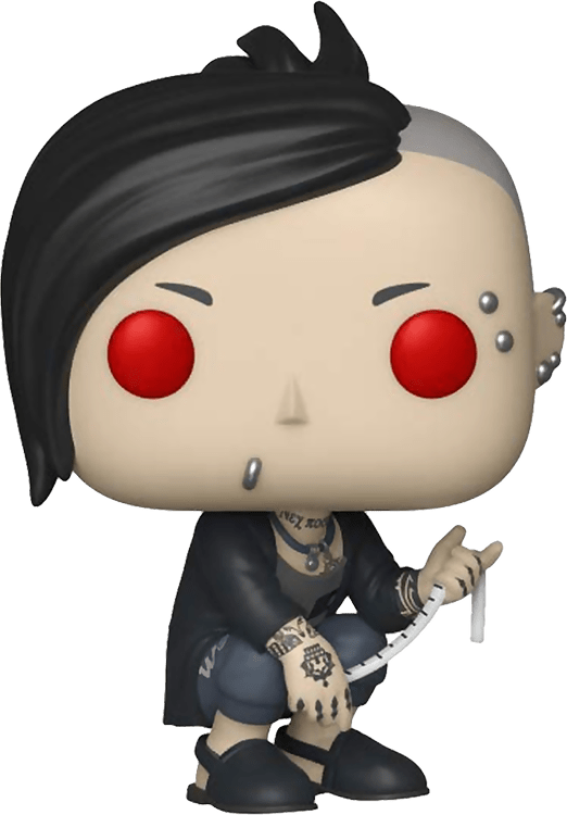 《東京喰種》動漫人偶 壁紙 — 一個風格化的 Funko Pop 人偶，黑色頭髮、紅色眼睛、穿環和紋身，手持白色手杖。