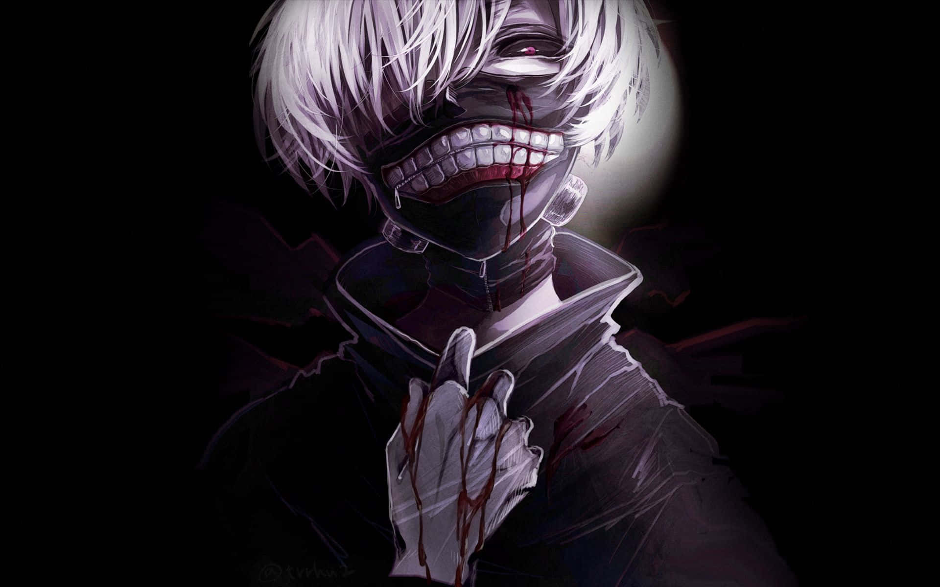 東京喰種 - 站在兩界之間 壁紙 — 一個令人毛骨悚然的動漫角色，白髮和血淋淋的笑容，在黑暗背景下威脅地凝視著。