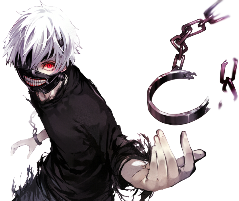 《東京喰種》角色突破枷鎖 壁紙 — 一個白髮紅眼嘅動漫角色戴住黑色面具，喺黑暗背景中打斷鎖鏈。