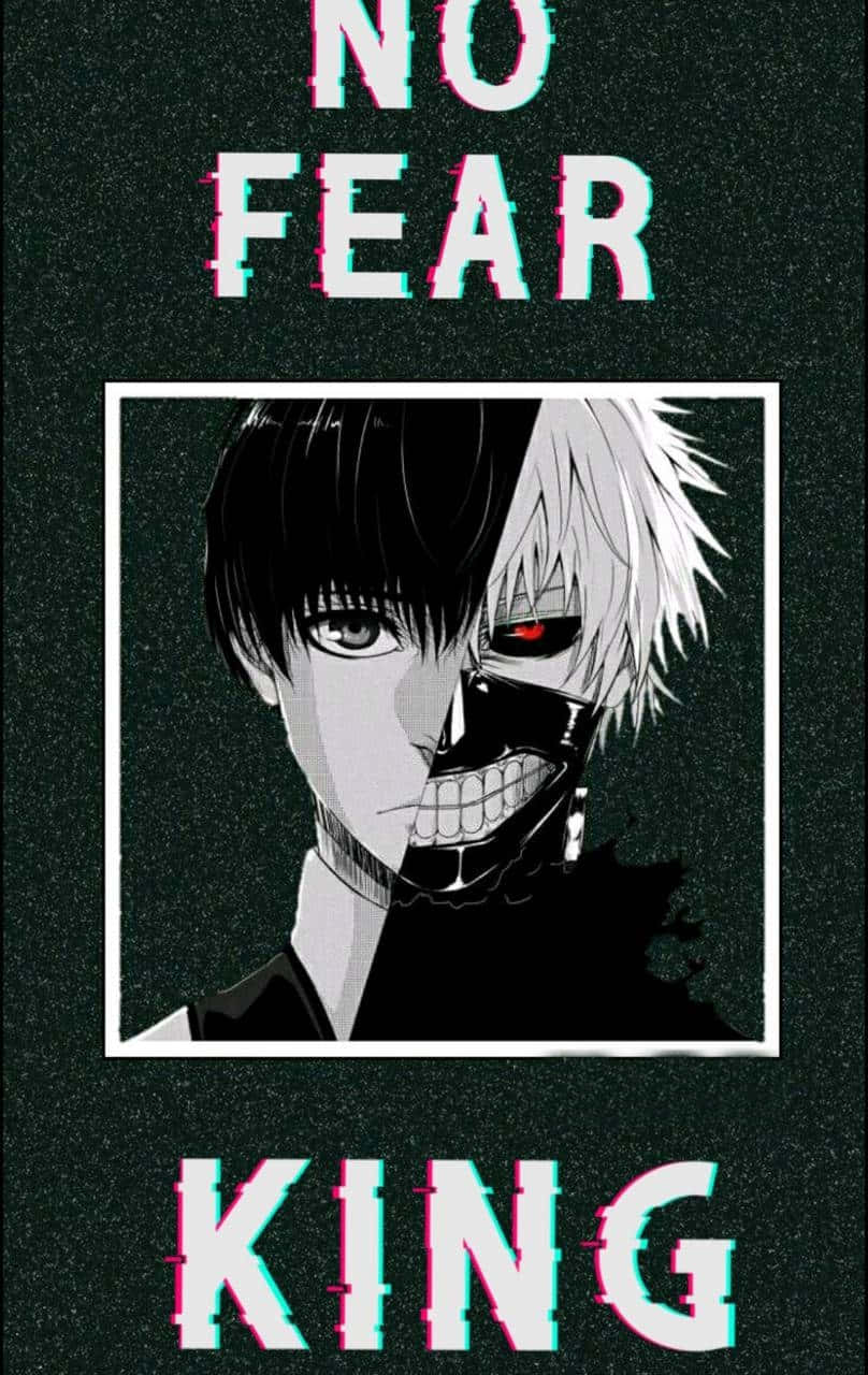 分裂臉和面具的動漫角色，在故障文字「no fear king」下方。