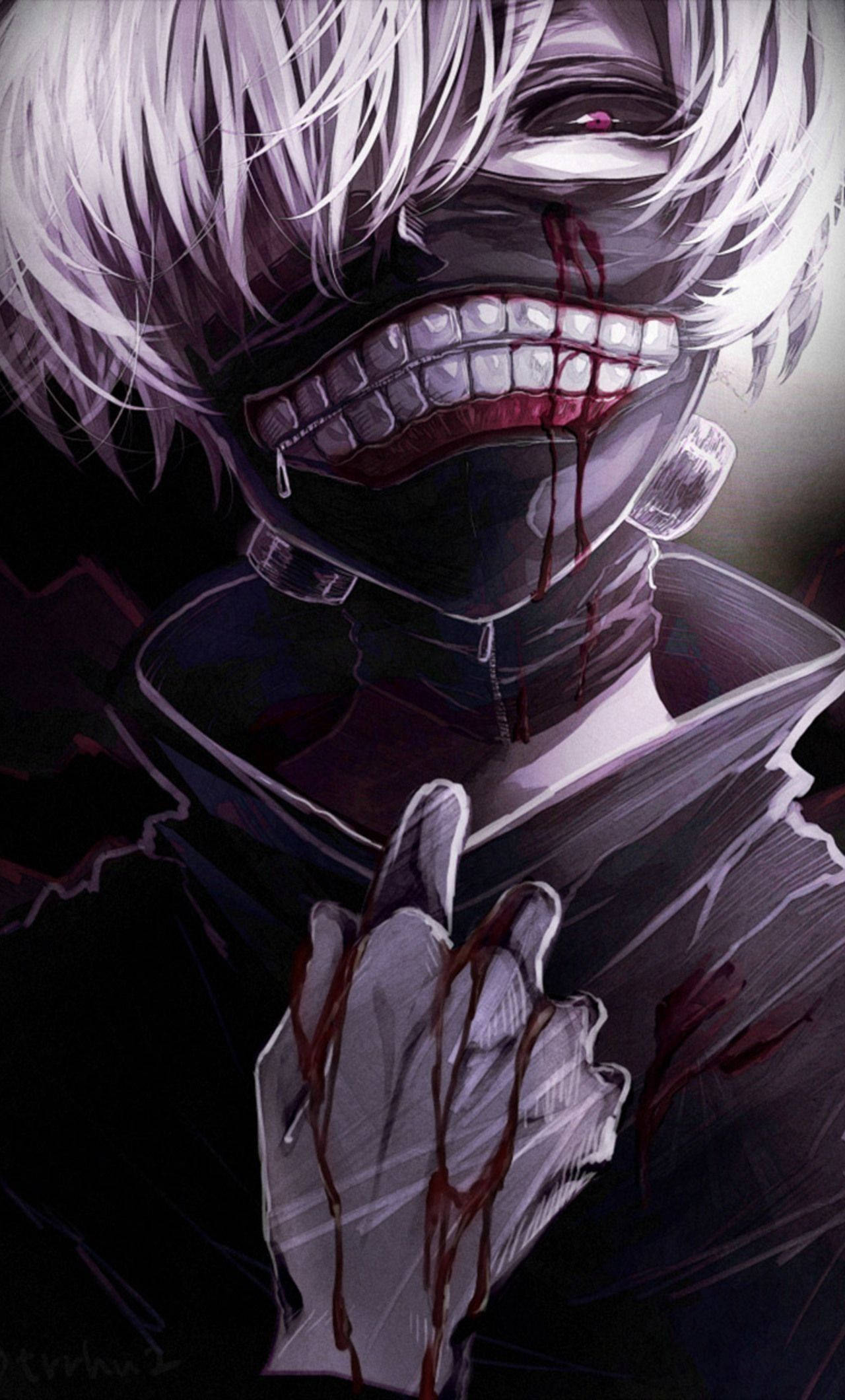 東京喰種 金木研 壁紙 — 一個帶有白髮和血淋淋笑容的威脅性動漫角色，在黑暗背景中舉起一隻滴著深紅色的戴手套的手。