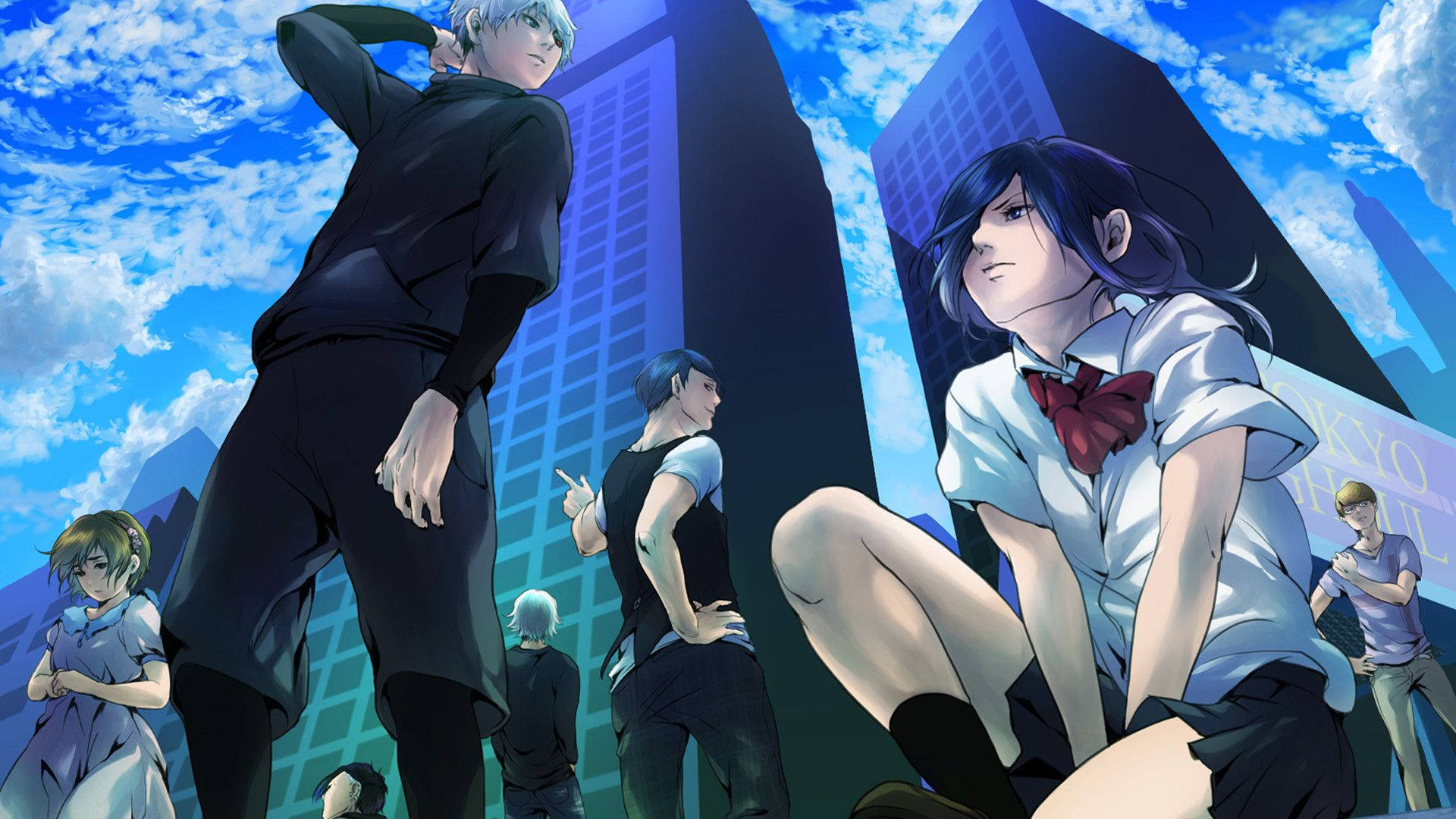 東京喰種 金木研 學生制服 壁紙 — 動漫角色穿著校服，在聳立的城市摩天大樓之間站立和坐著，背景是明亮的藍天和蓬鬆的雲朵。