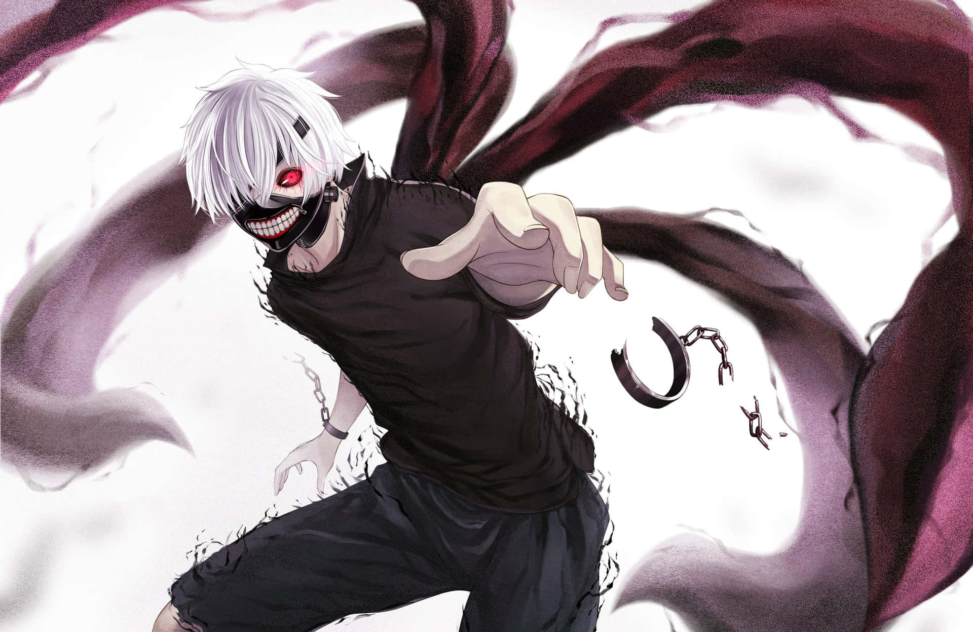 《東京喰種》金木研戴喰種面具攻擊 壁紙 — 一個白髮、戴黑色面具的動漫角色，帶著鎖鏈和黑暗觸手旋轉向前猛衝。