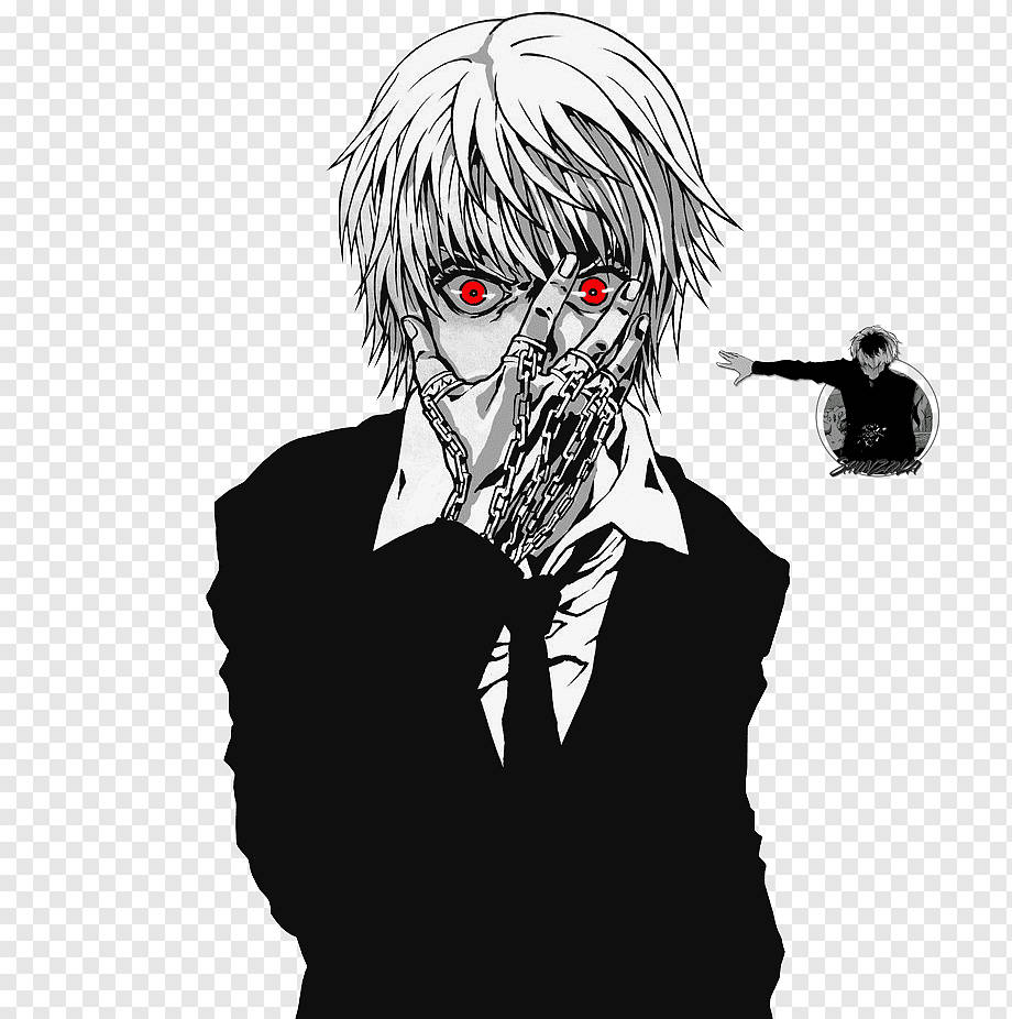 《東京喰種》金木研西裝半遮面漫畫頭像 壁紙 — 一個引人注目的動漫角色，白髮紅眼，用鎖鏈覆蓋的手遮住嘴巴，以戲劇性的黑白插圖呈現。