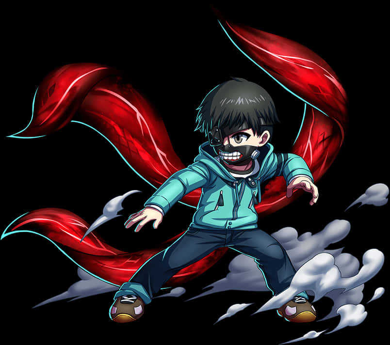 《東京喰種》金木研變身動畫角色 壁紙 — 一個帶黑色眼罩和紅色斗篷的Q版動漫角色，在帶有動感雲朵的黑色背景上動態跳躍。