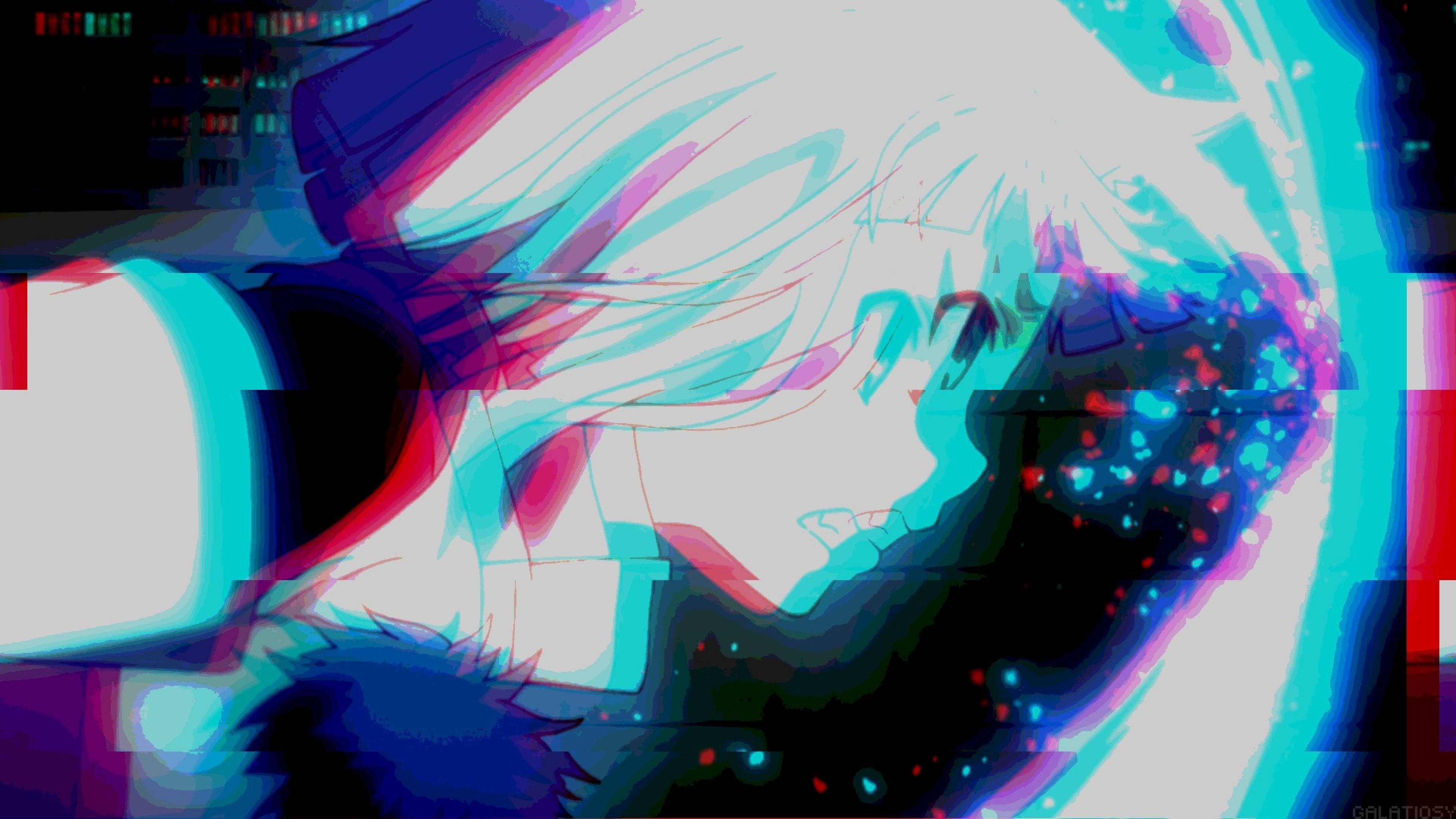 東京喰種 香奈子 錯誤風格 壁紙 — 一個 glitch-art 動漫角色，白髮和青綠色眼睛，被鮮豔的數碼噪點和色差扭曲。