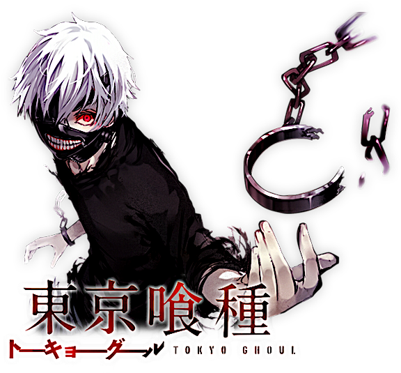 東京喰種動漫角色 壁紙 — 一個白髮紅眼嘅動漫角色喺黑色背景前，帶住日本文字，揸住斷開嘅鎖鏈。