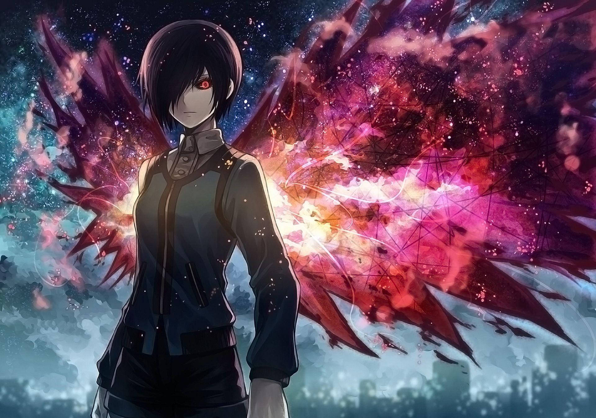 東京喰種角色：增強羽翼 壁紙 — 一位黑髮動漫女孩，擁有發光的紅色眼睛和火焰翅膀，站在宇宙星空背景前。