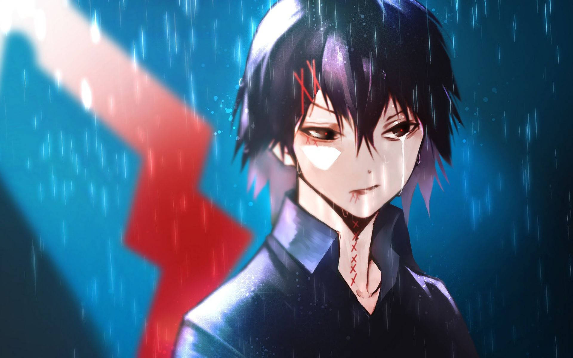 東京喰種角色：朱音 壁紙 — 一個憂鬱的動漫男孩，深色頭髮和紅色標記，站在雨中，藍色和紅色的閃電劃過。