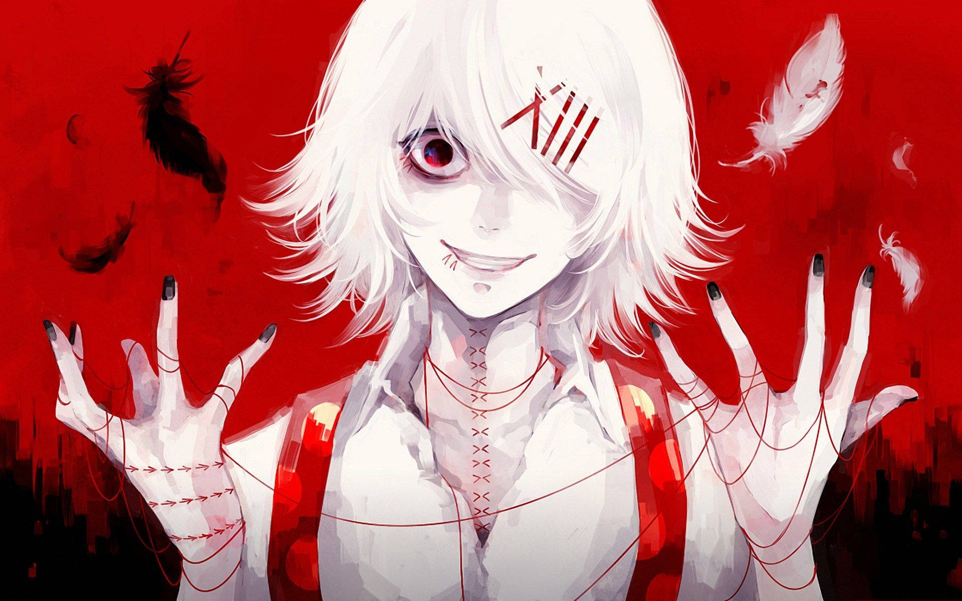 東京喰種角色：白衣朱音 壁紙 — 一個蒼白的動漫角色，白髮紅眼，在鮮紅背景上微笑，背景有飄浮的羽毛和縫合的傷口。