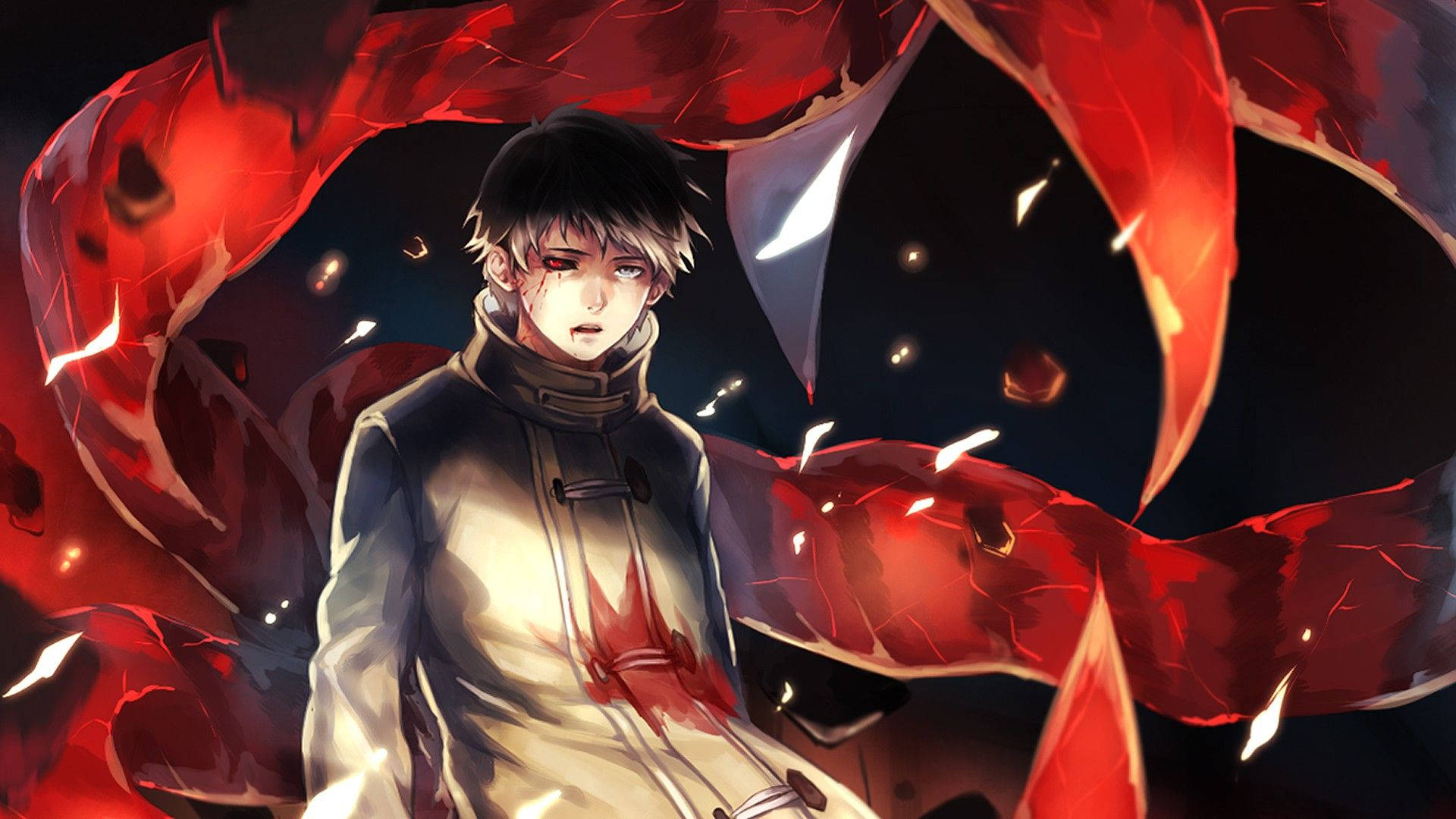 東京喰種角色：金木研紅眼 壁紙 — 一個堅定的動畫男孩穿著米色外套，站在黑暗背景中旋轉的紅色能量和發光粒子之間。