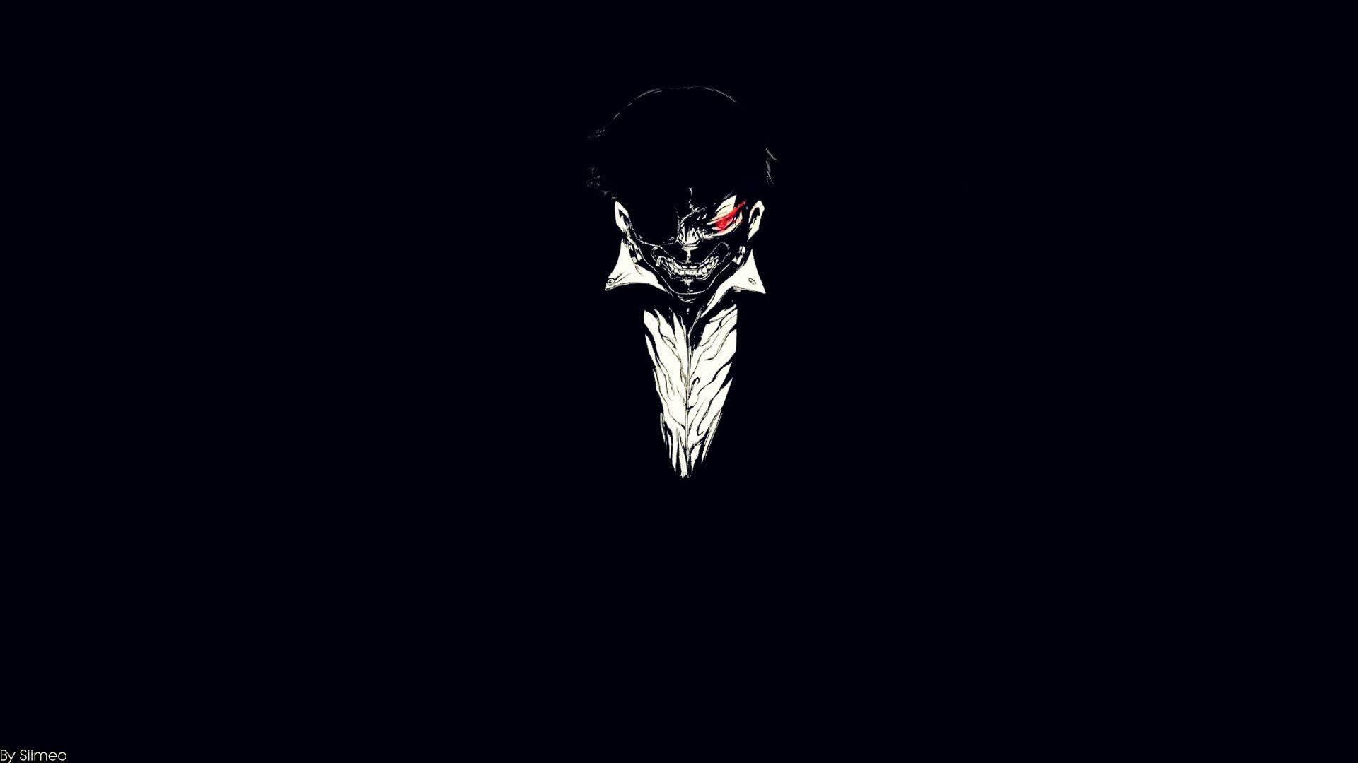 東京喰種角色極簡Ken 壁紙 — 一個鮮明的黑白插圖，描繪了一個帶有發光紅眼的威脅性動漫風格頭骨，背景為深色。