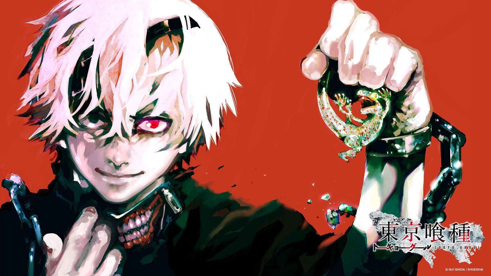 東京喰種角色漫畫藝術 壁紙 — 一位白髮紅眼的動漫角色在鮮紅色背景中緊握著一個破碎的綠色龍手鐲。