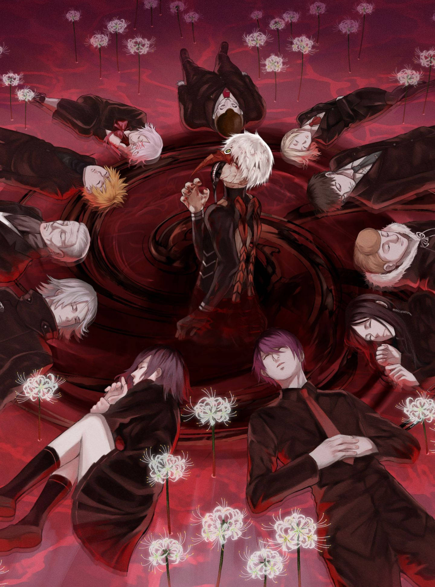 東京喰種角色紅色圖形藝術 壁紙 — 一個中央的白髮動漫角色站在旋轉的紅色漩渦中，周圍是倒下的身影和發光的白色花朵。