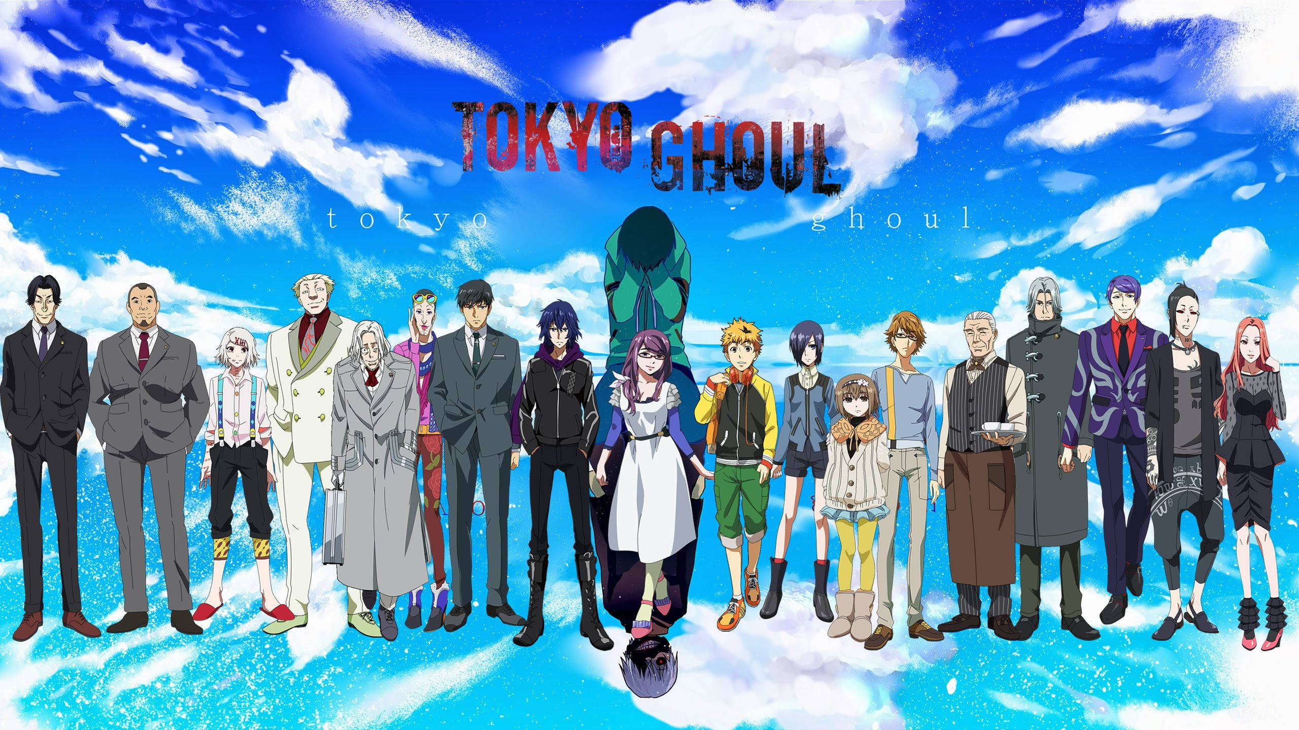 東京喰種角色藍天海報 壁紙 — 一幅充滿活力的動畫群像，描繪《東京喰種》角色站在明亮藍天與蓬鬆白雲前。