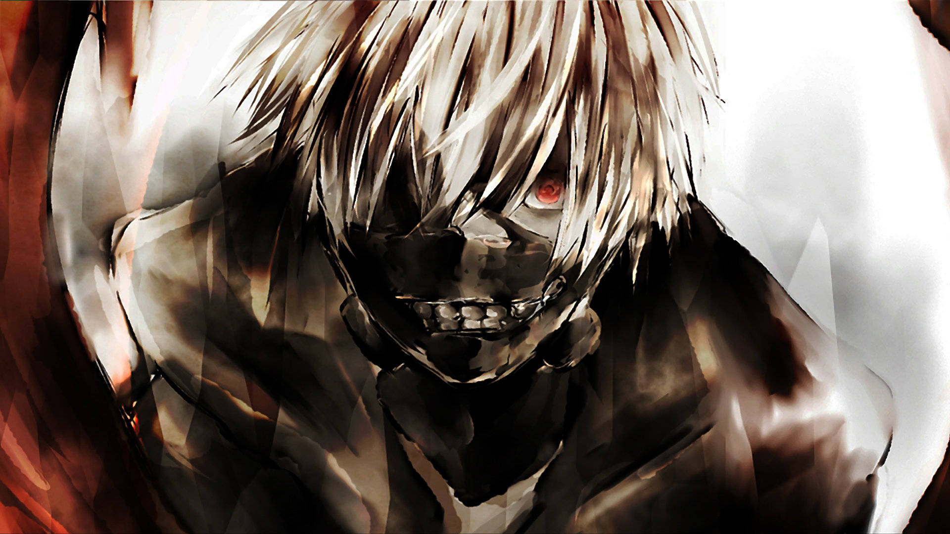 東京喰種角色詭異Ken素描 壁紙 — 一個粗獷的動漫角色，白髮紅眼，透過黑色面具在火焰背景前凝視。