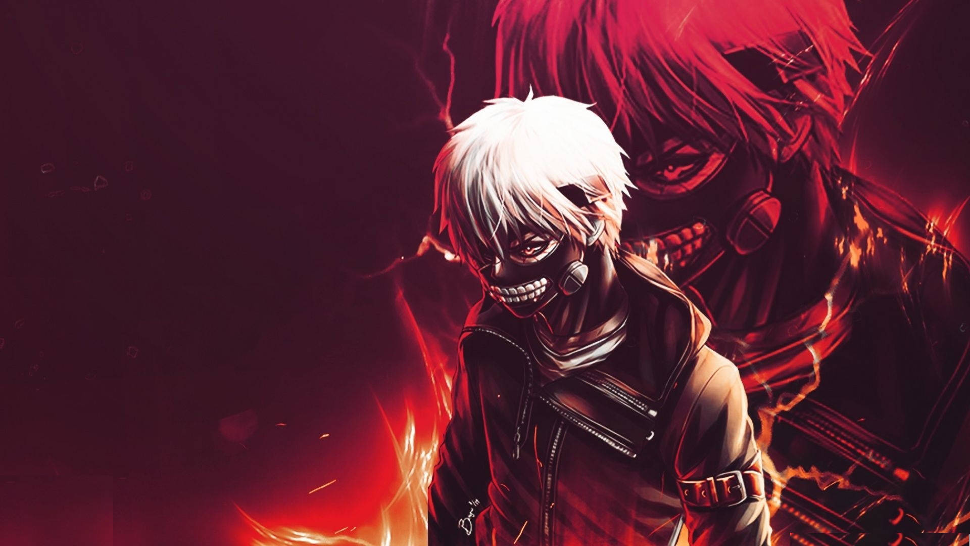 東京喰種酷炫Kaneki 壁紙 — 兩個戴面具的動漫角色在黑暗背景中散發出火紅色的能量光芒。
