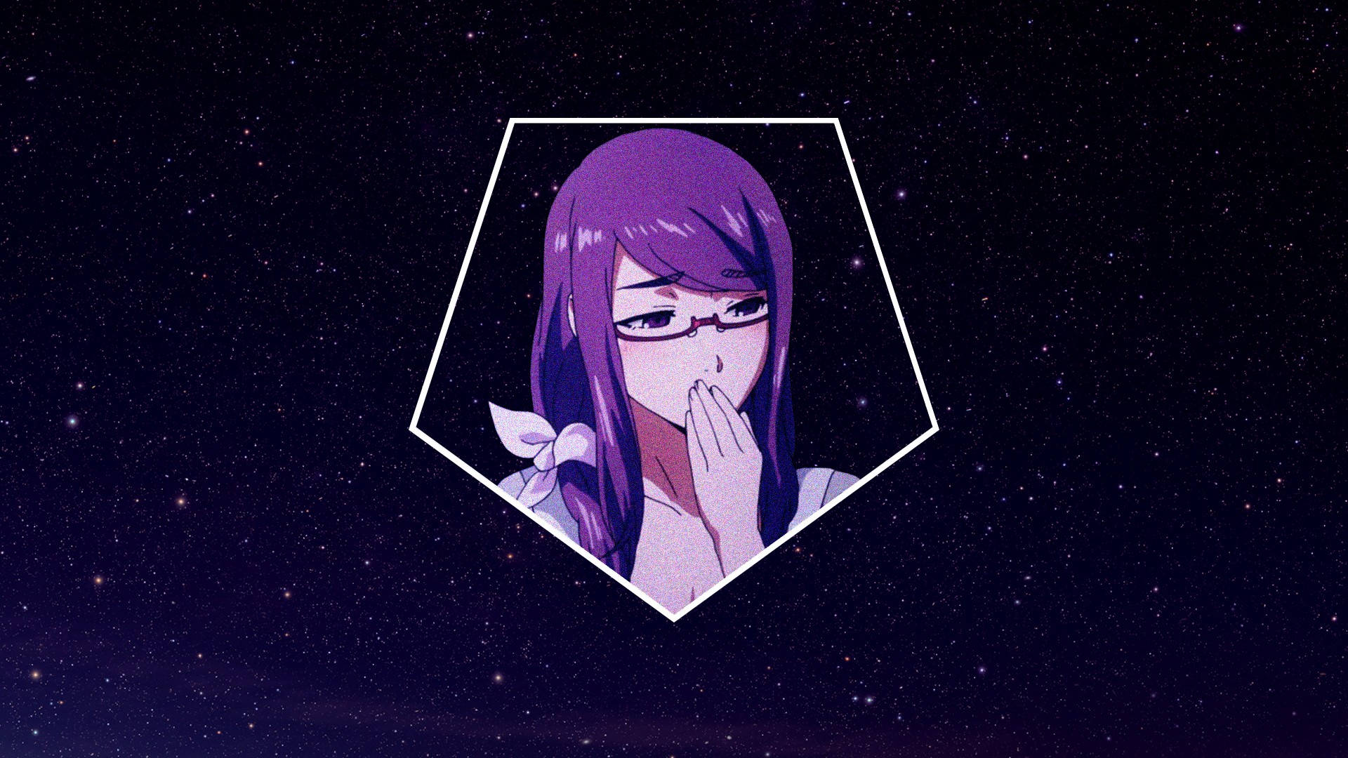 紫髮戴眼鏡的動漫女孩對著滿天星斗的夜空驚訝地捂住嘴巴。