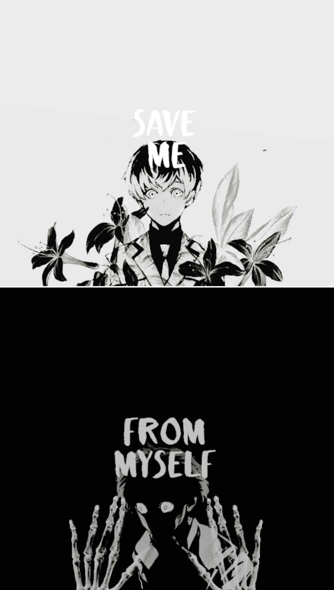 動漫男孩，上方有花，下方有骷髏手，文字「拯救我脫離自己」。