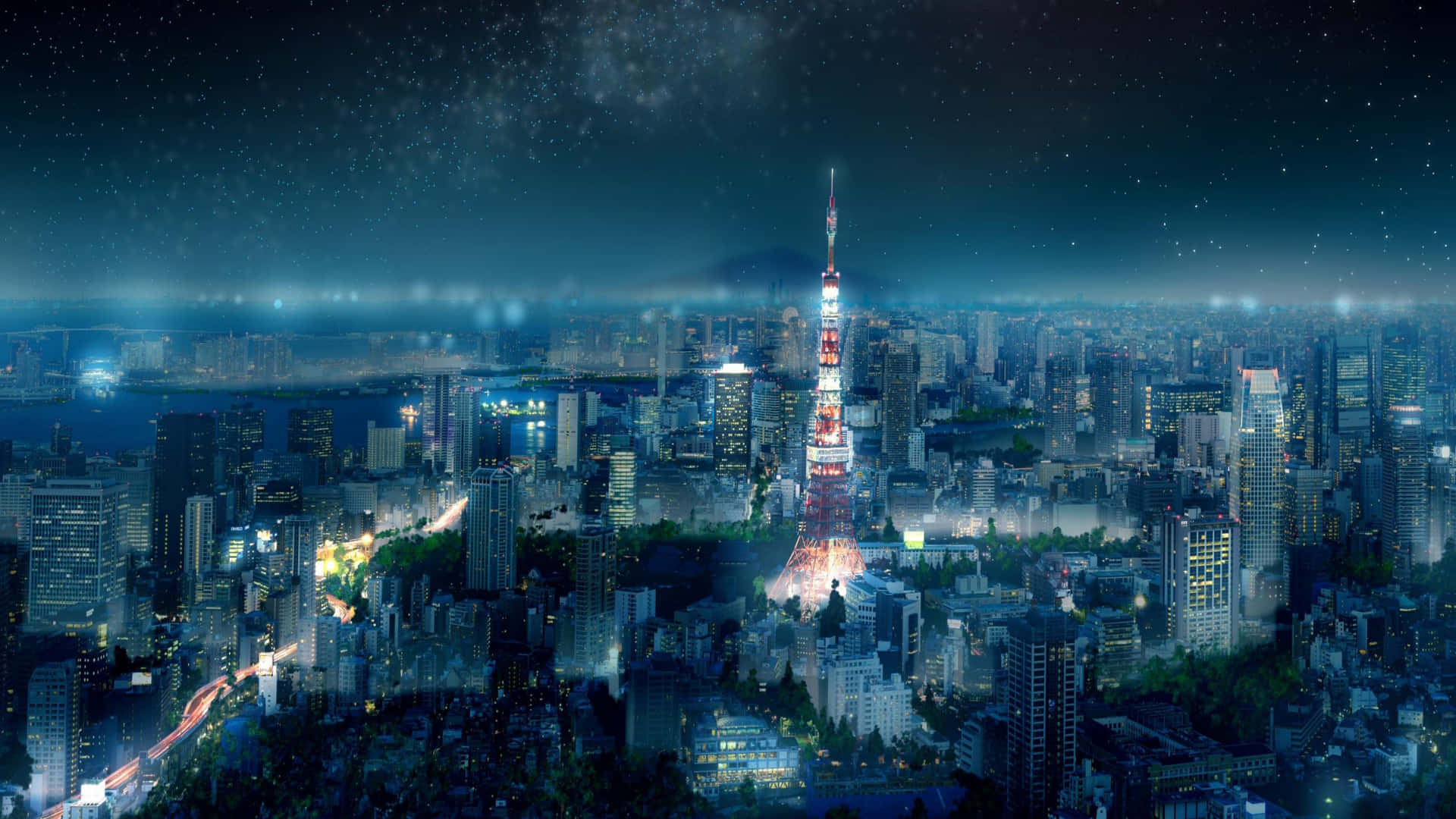 東京塔在夜晚亮起，城市燈光與星星在上方。