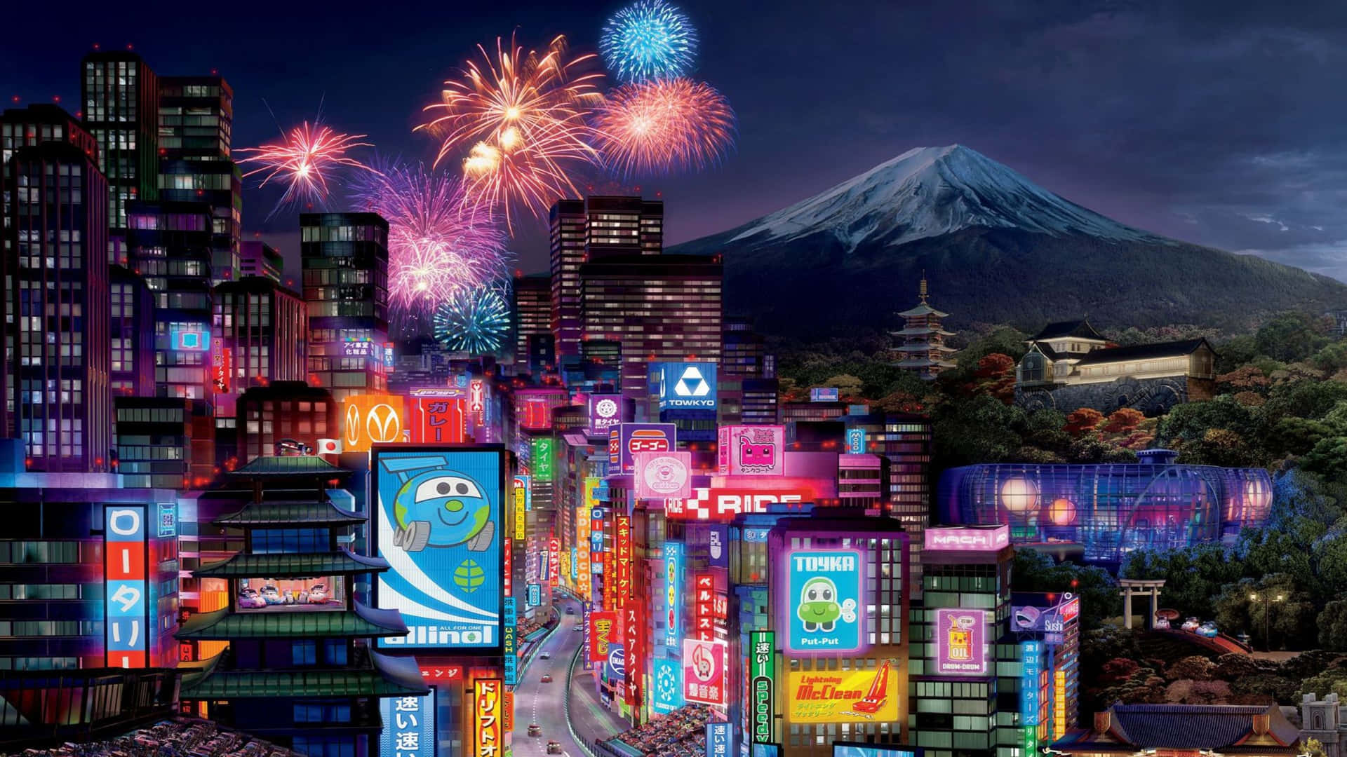 夜晚的東京天際線，背景是煙火和富士山。