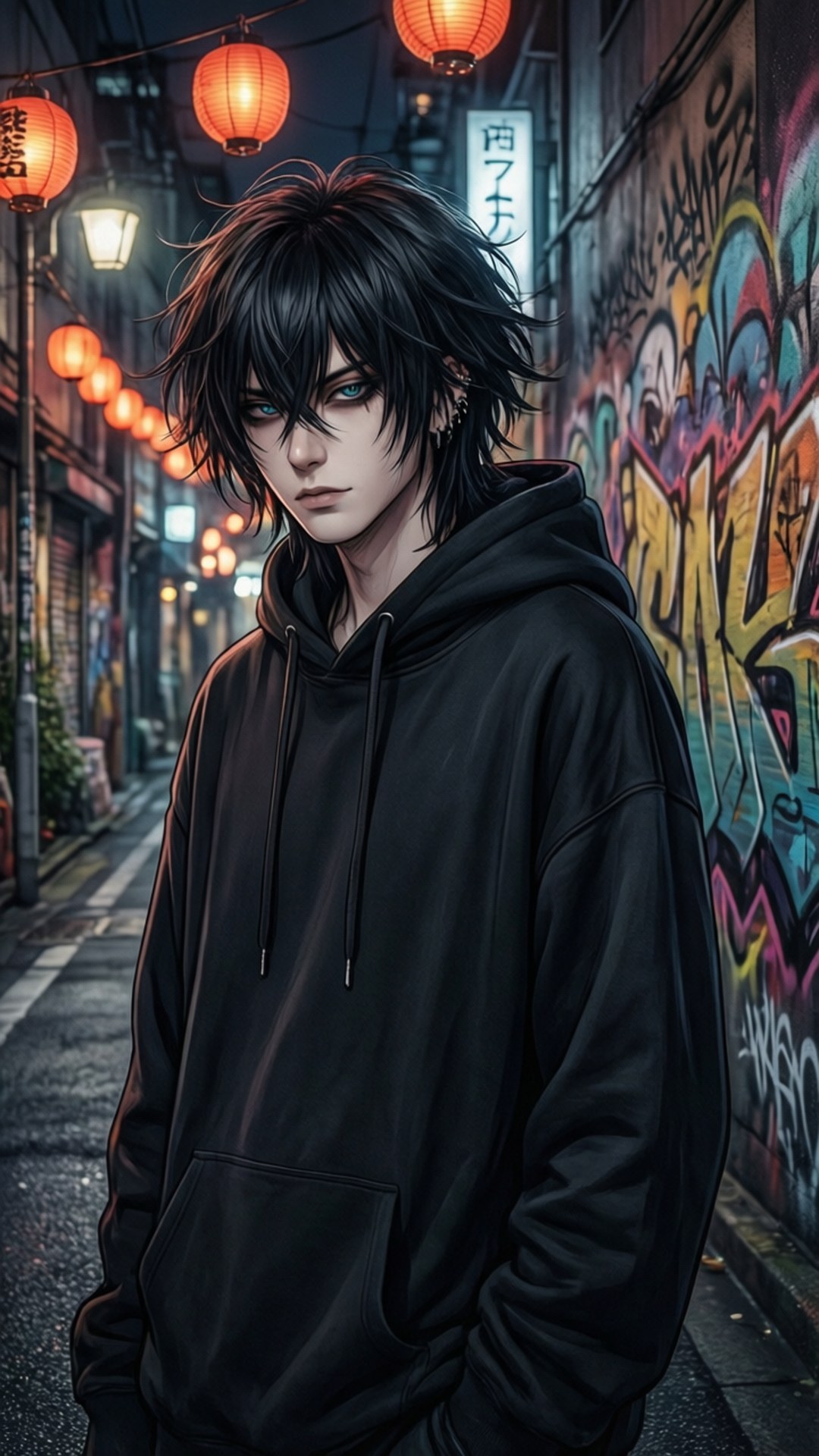 年輕動漫男子穿黑色連帽衫，夜晚站在紅燈籠下，旁邊是塗鴉牆