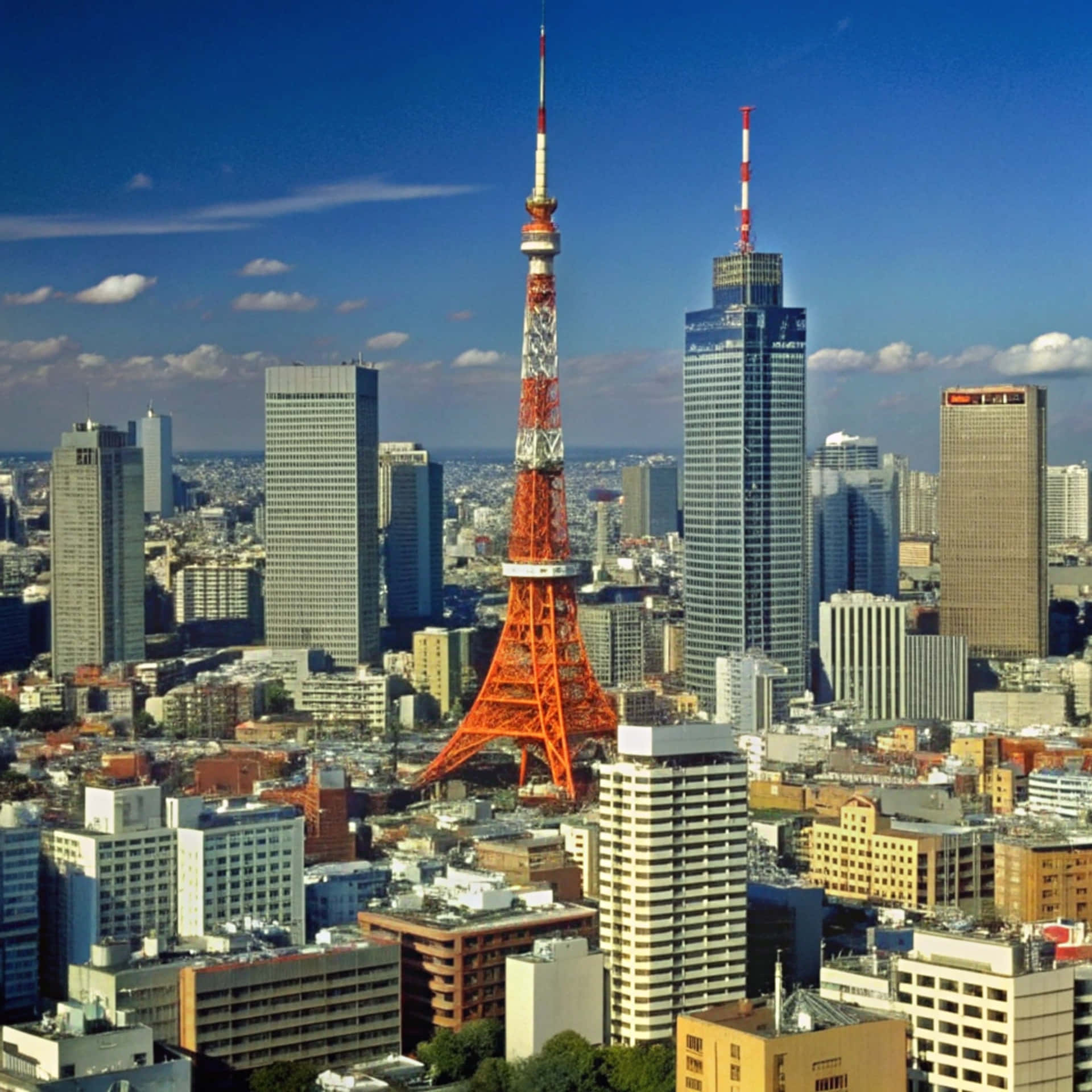 東京天際線 壁紙 — 東京塔以鮮豔的橙色矗立在清澈的藍天下，周圍環繞著現代摩天大樓和密集的城市建築。
