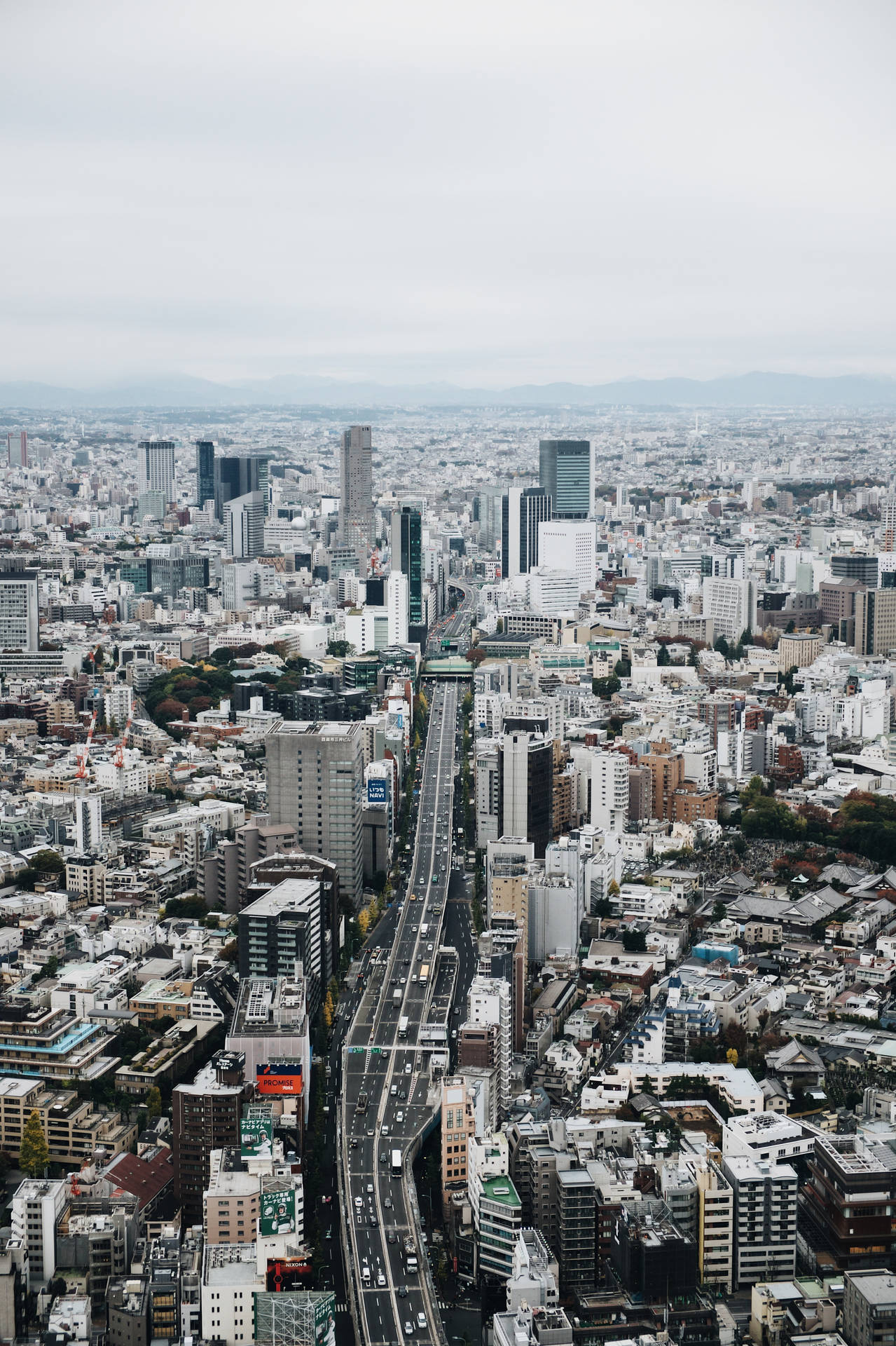 灰色天空下，高樓大廈和繁忙高速公路的密集城市鳥瞰圖。