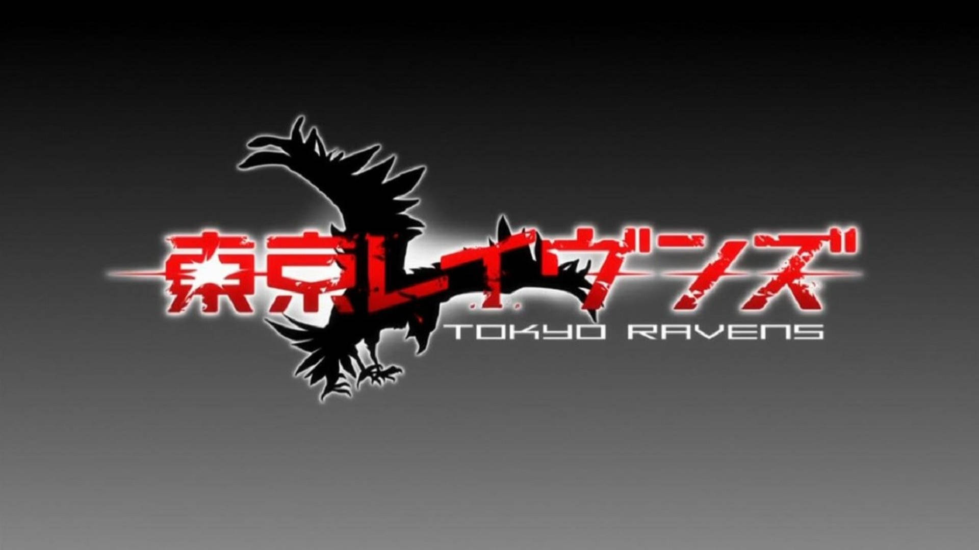 東京暴鷹 官方標題 壁紙 — 一個大膽的黑色烏鴉剪影，帶有紅色日文字和英文字母，背景為深色漸變。
