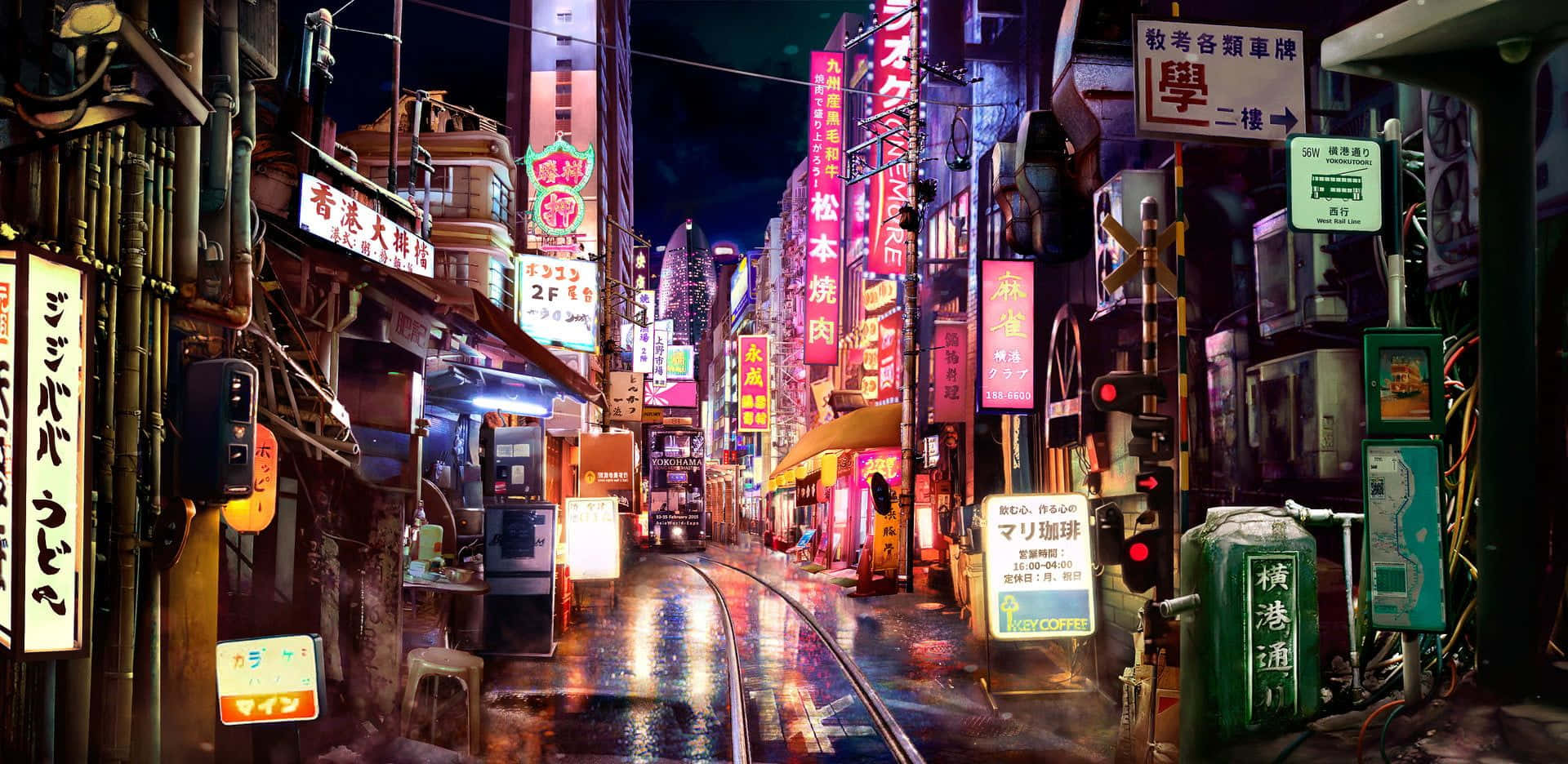 東京熱鬧的日本霓虹夜景 壁紙 — 繁華亞洲城市的夜晚，一條被雨水浸濕、霓虹燈閃爍的小巷，發光的招牌和電車軌道反射出鮮豔的色彩。