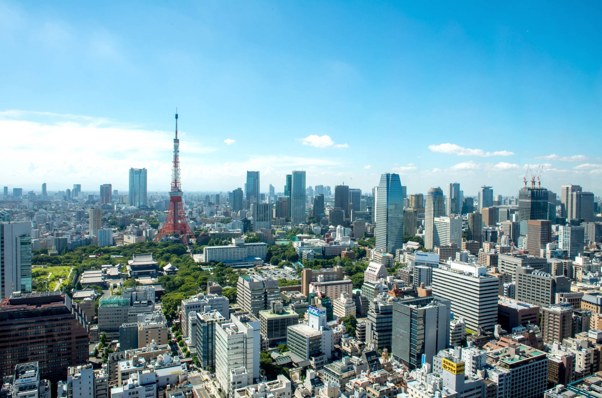 東京城市景觀，東京塔和現代摩天大樓在明亮的藍天下。