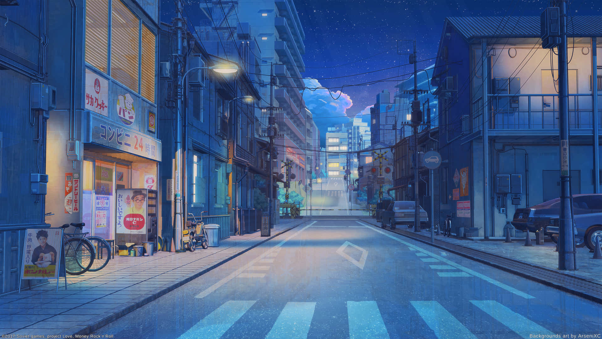 東京背景：夜晚的動漫風格閒靜街道 壁紙 — 一條寧靜的日本街道，夜晚星空下，發光的商店招牌和濕漉漉的路面反射著城市燈光。