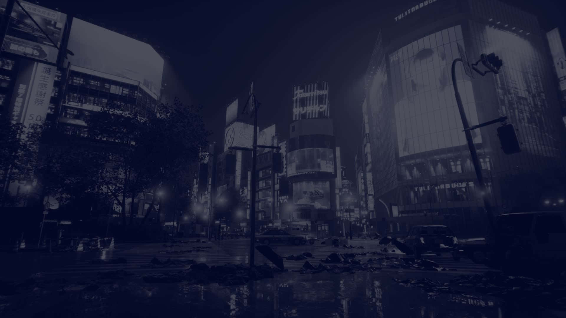 夜晚的未來城市街道，有雨水的反射和散落的碎片。
